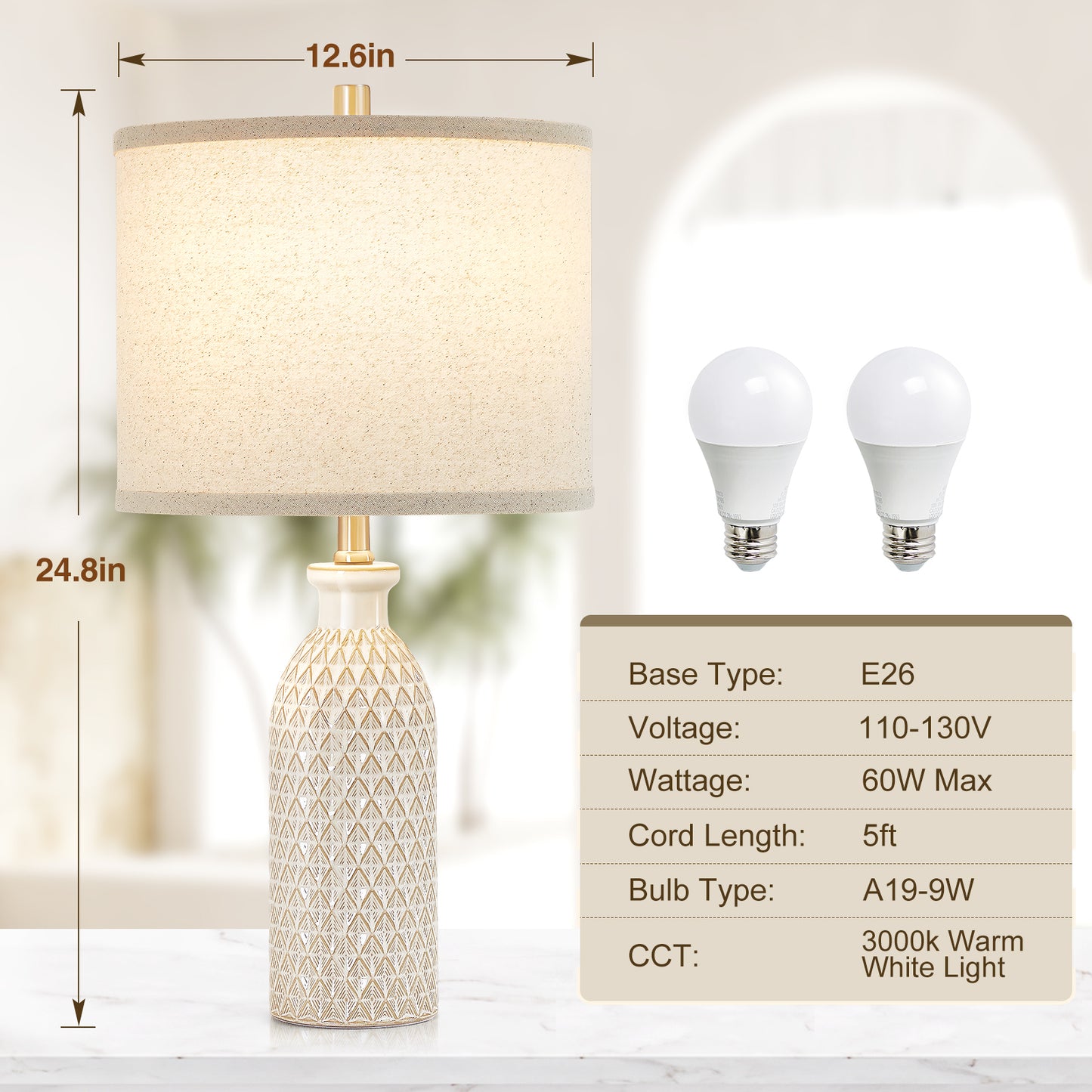 NATYSWAN Ceramic Table Lamps Set of 2, 24.8" Bedside Lamps with 3-Color Temperature, Modern Nightstand Lamp Desk Reading Lamp with Fabric Drum Shade for Bedroom, Living Room, Office, 2 Bulbs Included