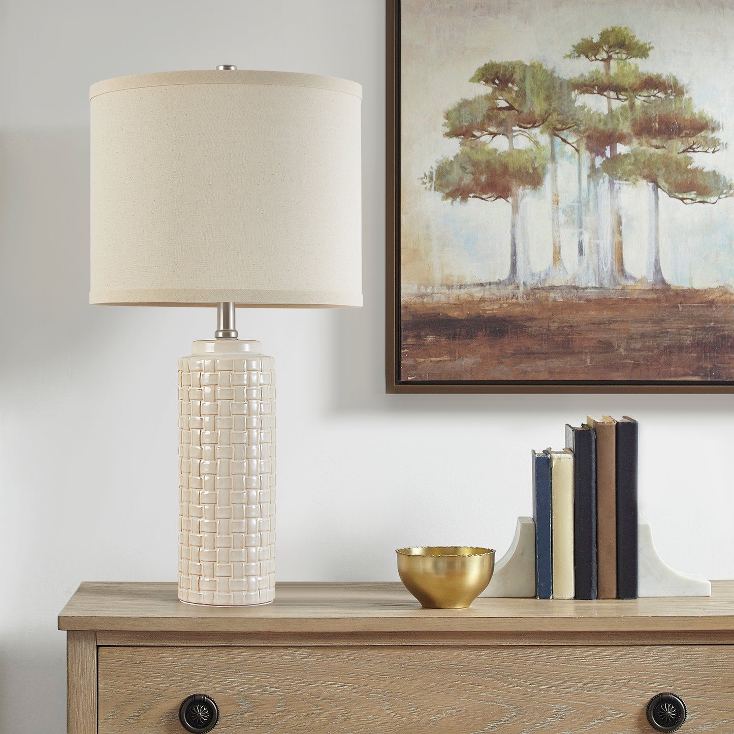 NATYSWAN 24.8" Modern Ceramic Bedside Lamp Set of 2, 3 Color Temperature Bulbs Included - Farmhouse Nightstand Lamps for Living Room Bedroom End Table Office Entryway, Off-White