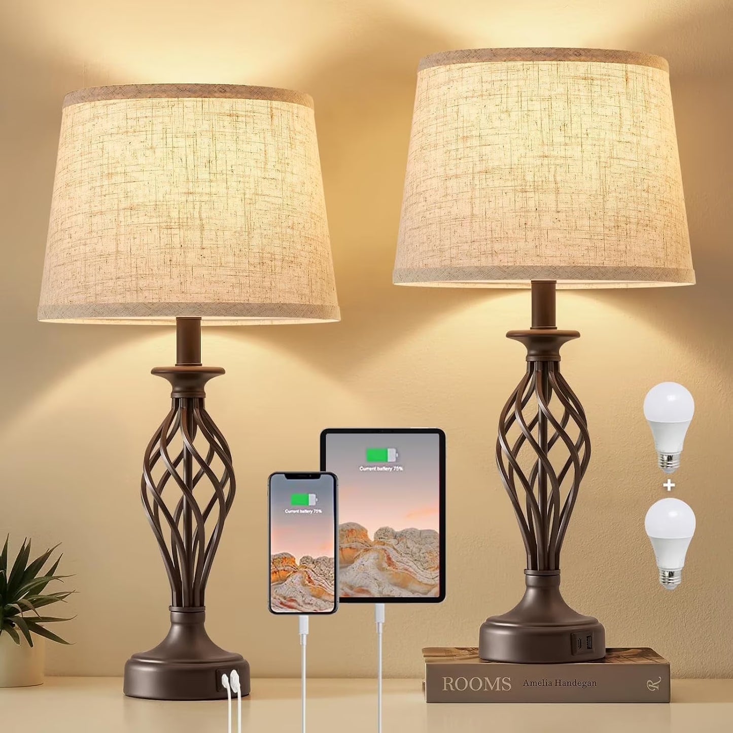 NATYSWAN Table Lamp for Bedrooms Set of 2, Silver Lamps for Night Stands,Bedside Desk Lamp with USB Ports for Bedroom Living Room Reading