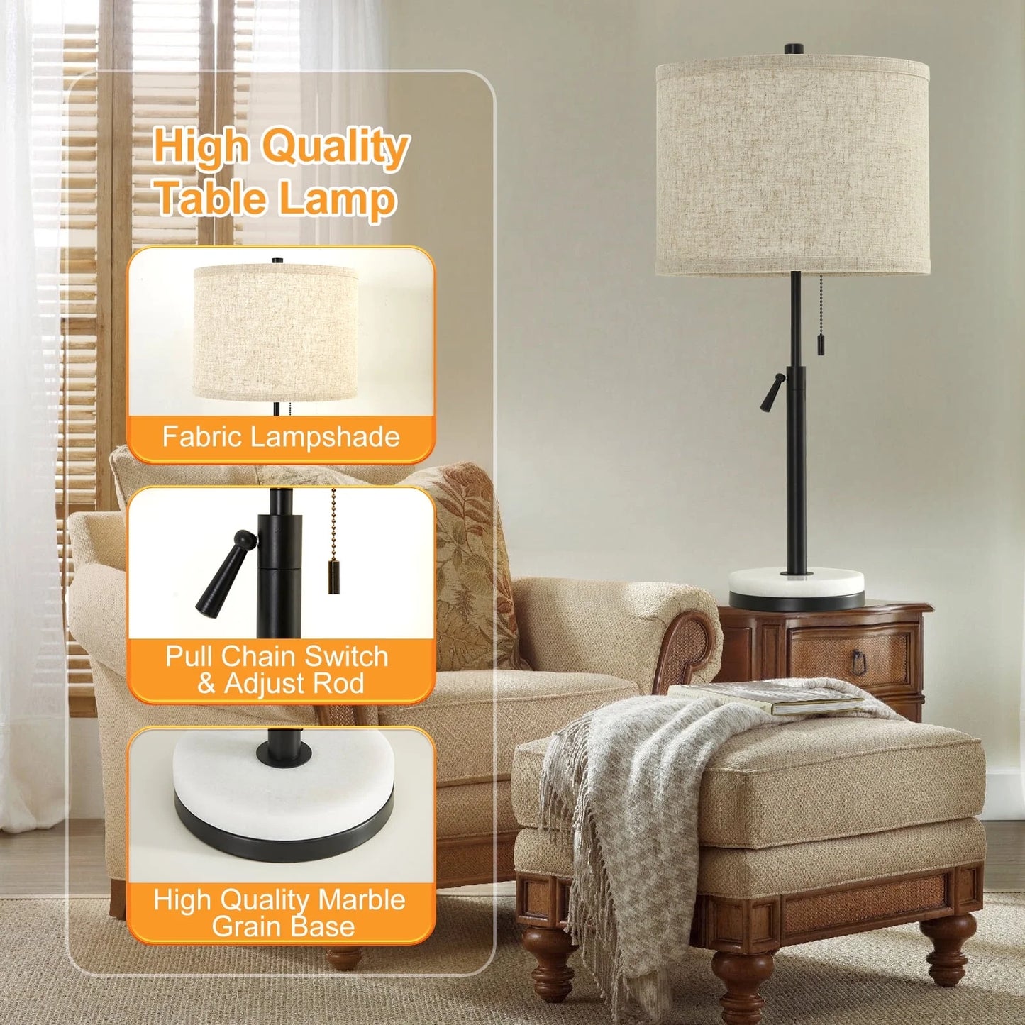 NATYSWAN Modern Table Lamp for Living Room, Adjustable Height Lamp with Marble Base and Pull Chain Switch Nightstand Lamps for Bedroom & Office,Set of 2