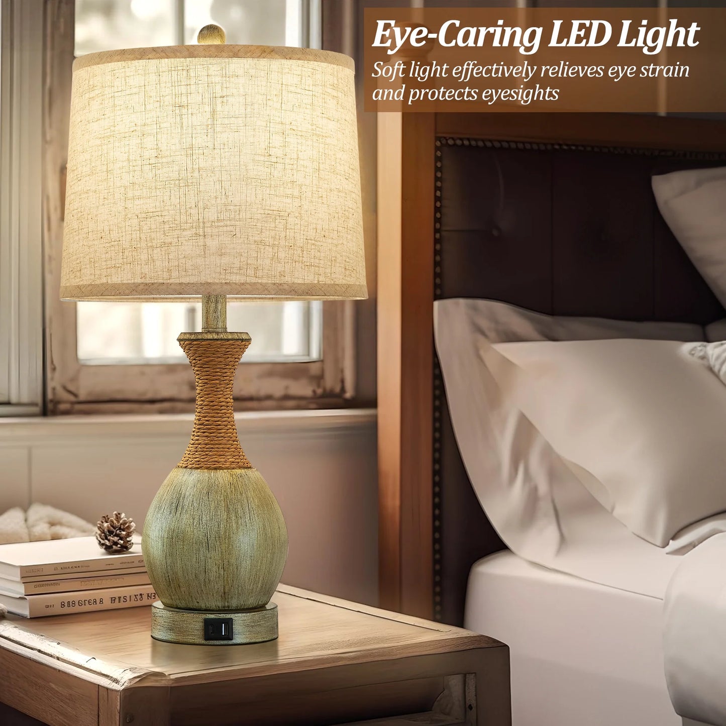 NATYSWAN Table Lamp for Bedroom Set of 2 with USB C+A Ports, Modern Bedside Lamps with Beige Fabric Shade,3-Way Dimmable Nightstand Lamps for Living Room Office