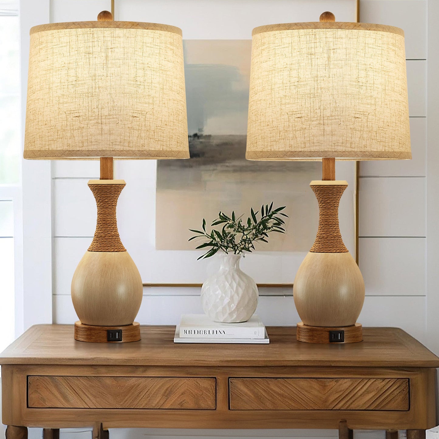 NATYSWAN Table Lamp for Bedroom Set of 2 with USB C+A Ports, Modern Bedside Lamps with Beige Fabric Shade,3-Way Dimmable Nightstand Lamps for Living Room Office