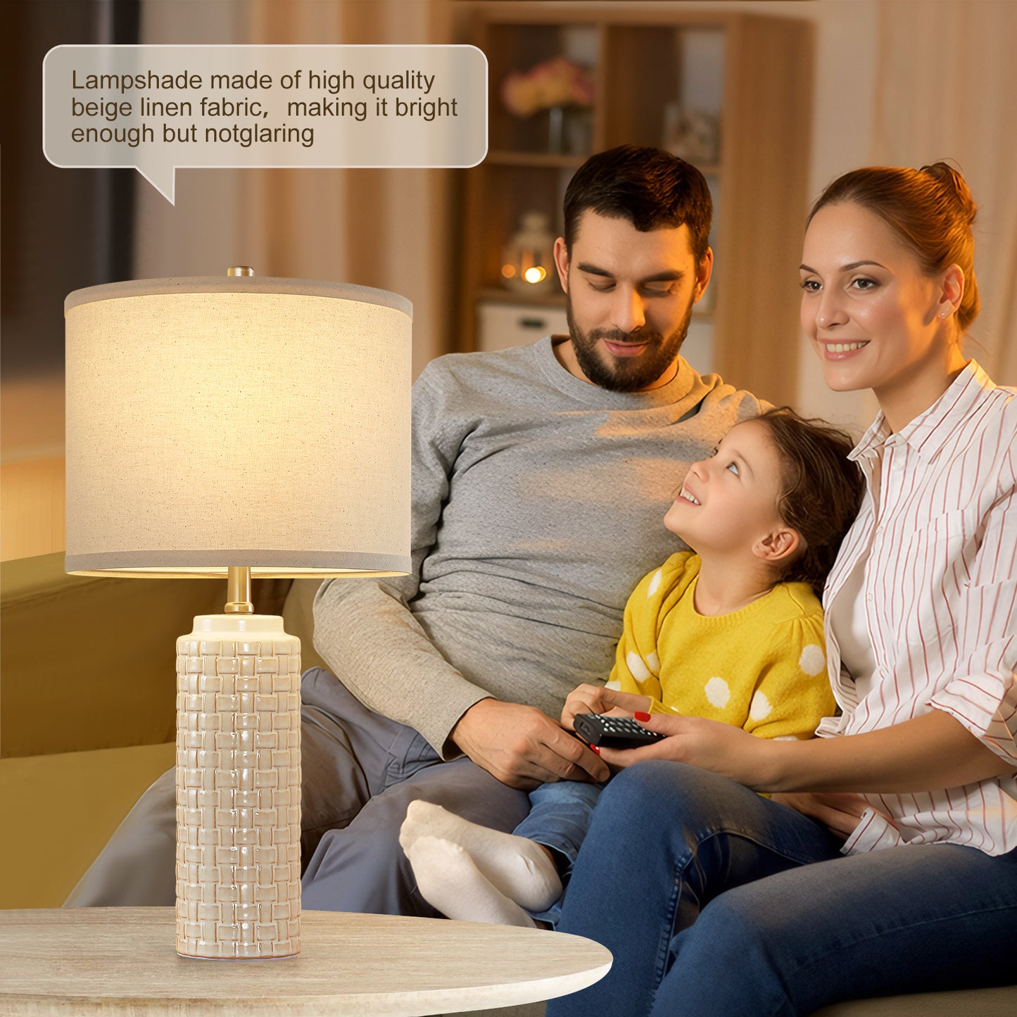 NATYSWAN 24.8" Modern Ceramic Bedside Lamp Set of 2, 3 Color Temperature Bulbs Included - Farmhouse Nightstand Lamps for Living Room Bedroom End Table Office Entryway, Off-White