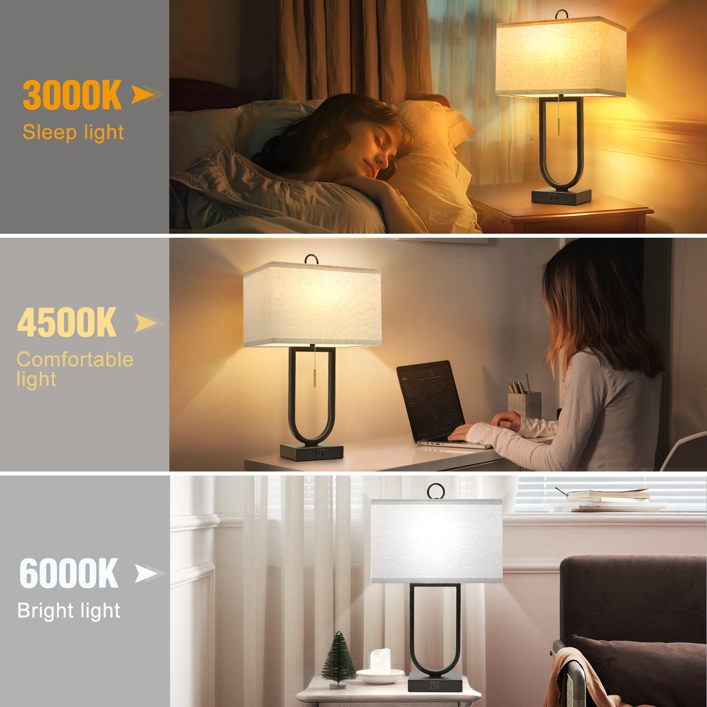 NATYSWAN 24'' Table Lamps Set of 2 with USB C+A Ports, 3-Way Dimmable Tall Modern Lamps for Night Stands, Contemporary Lamp for Living Room Home Office, Pull Chain Switch&2 LED Bulbs Included