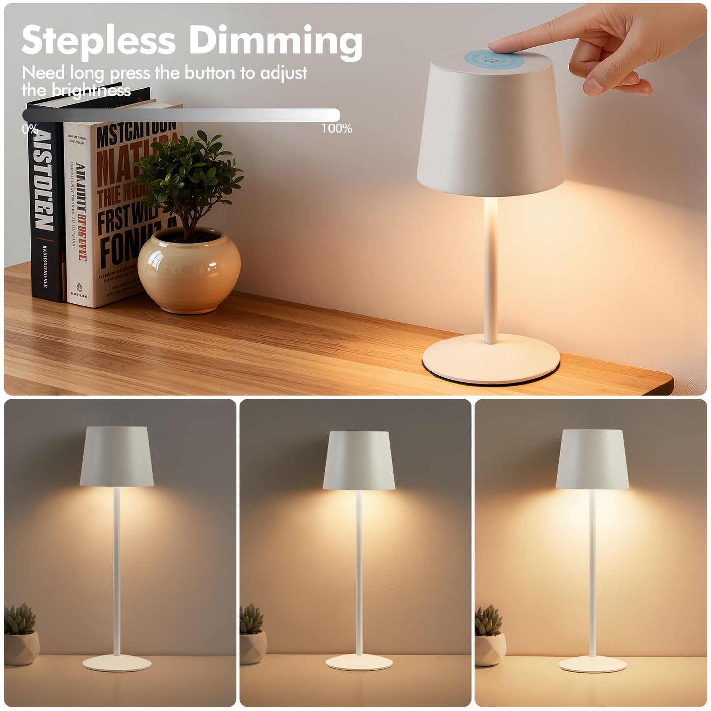 NATYSWAN Modern  LED Desk Lamps 2-Pack, Adjustable Height, Touch Dimmable, Rechargeable 4000mAh Battery, USB-C Charging, Metal Accent Light for Bedroom, Nursery, Home Office, Party Decor