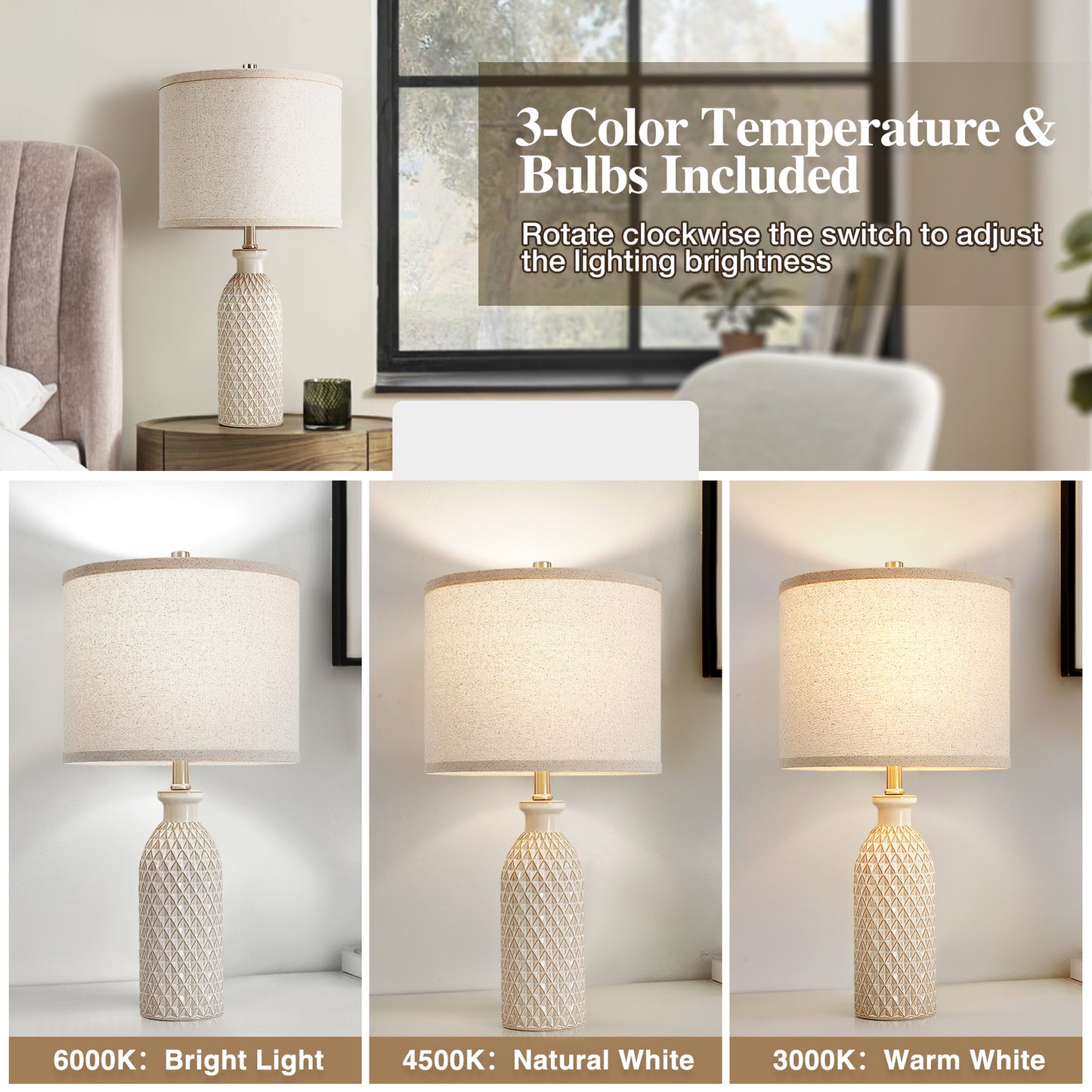 NATYSWAN Ceramic Table Lamps Set of 2, 24.8" Bedside Lamps with 3-Color Temperature, Modern Nightstand Lamp Desk Reading Lamp with Fabric Drum Shade for Bedroom, Living Room, Office, 2 Bulbs Included