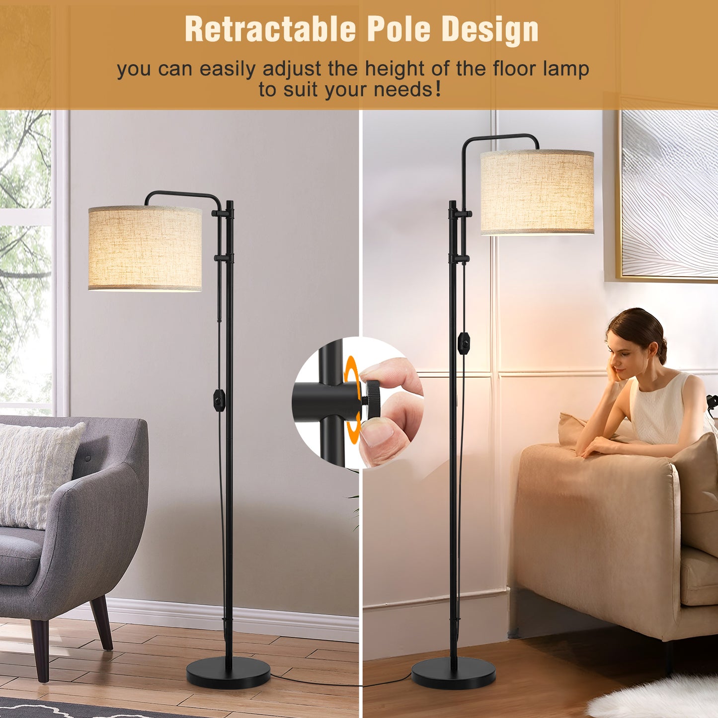 NATYSWAN Floor Lamp for Living Room, Adjustable Height Standing Lamps with 350° Rotate White Lampshade, 67.5-Inch Modern Tall Lamp Dimmable Floor Lamps for Corner Bedroom Home Office (Bulb Included)