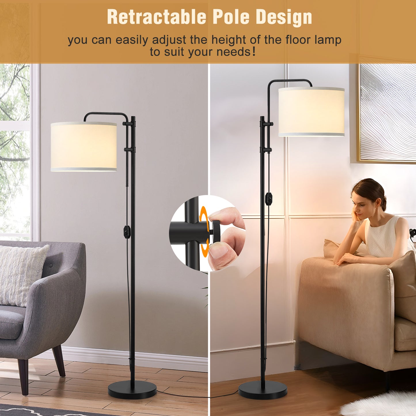 NATYSWAN Floor Lamp for Living Room, Adjustable Height Standing Lamps with 350° Rotate White Lampshade, 67.5-Inch Modern Tall Lamp Dimmable Floor Lamps for Corner Bedroom Home Office (Bulb Included)