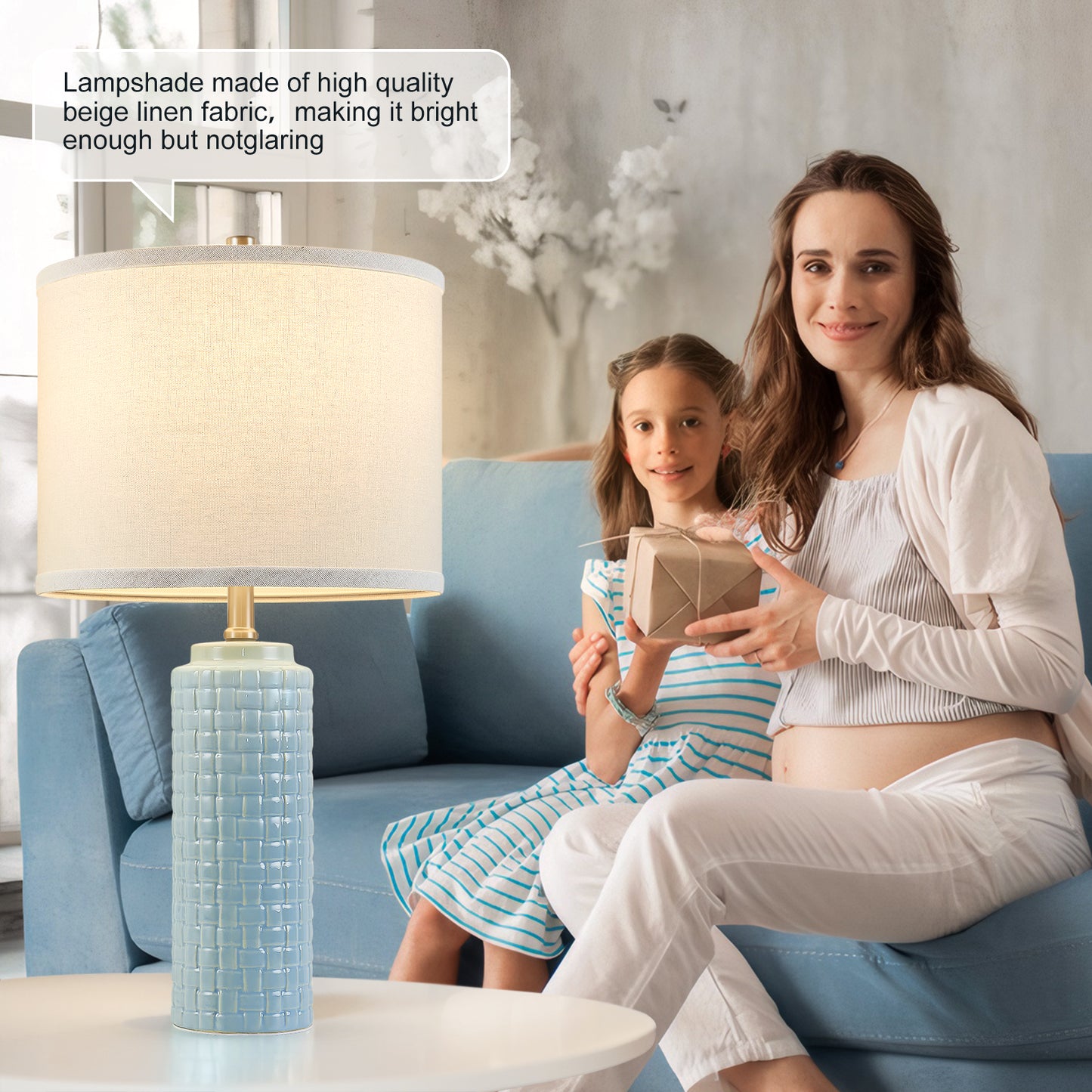 NATYSWAN 24.8" Modern Ceramic Bedside Lamp Set of 2, 3 Color Temperature Bulbs Included - Farmhouse Nightstand Lamps for Living Room Bedroom End Table Office Entryway, Off-White