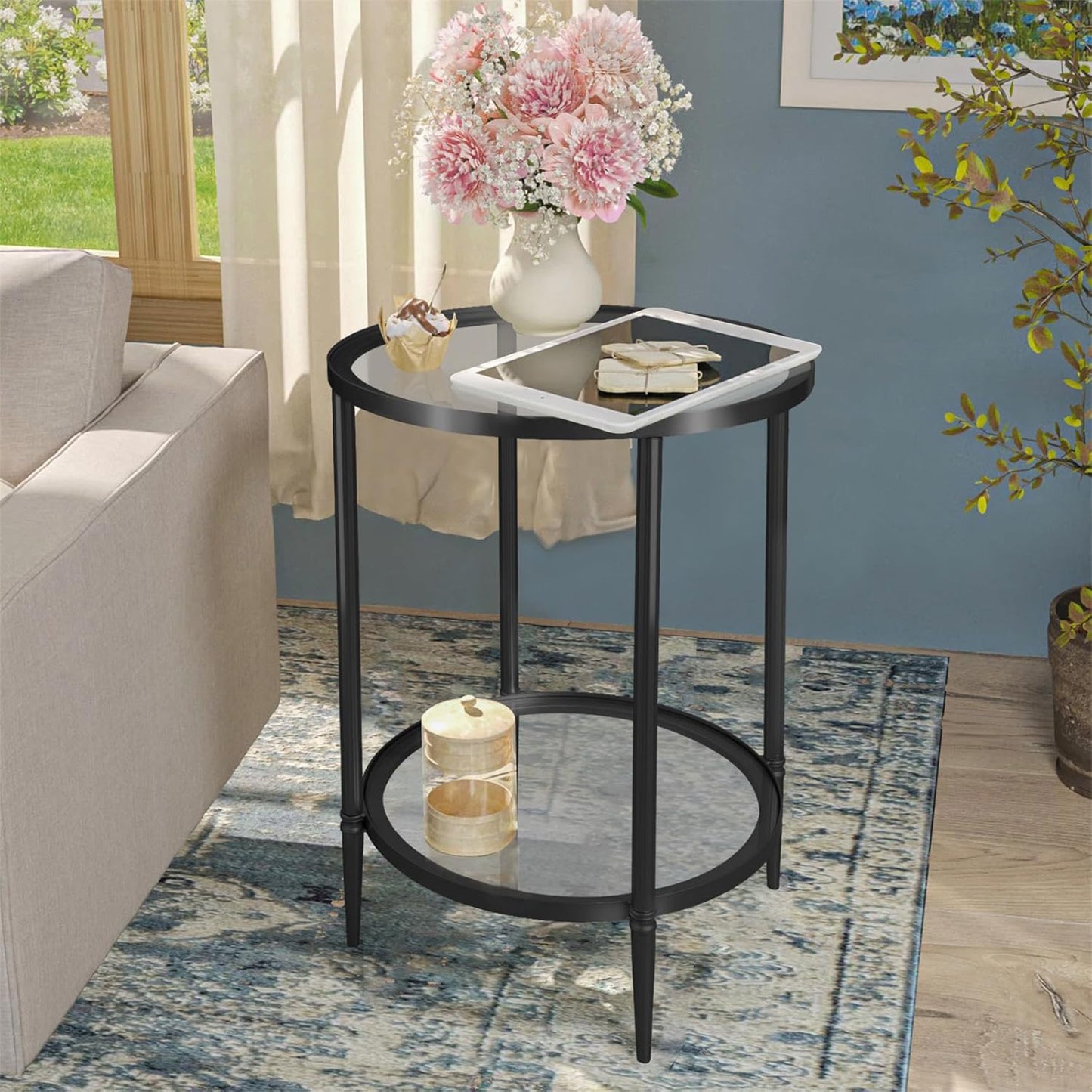 2 Tier Round Side Table, Black End Table with Glass Top, Modern Metal Clear Small Accent Tables for Living Room, Bedroom