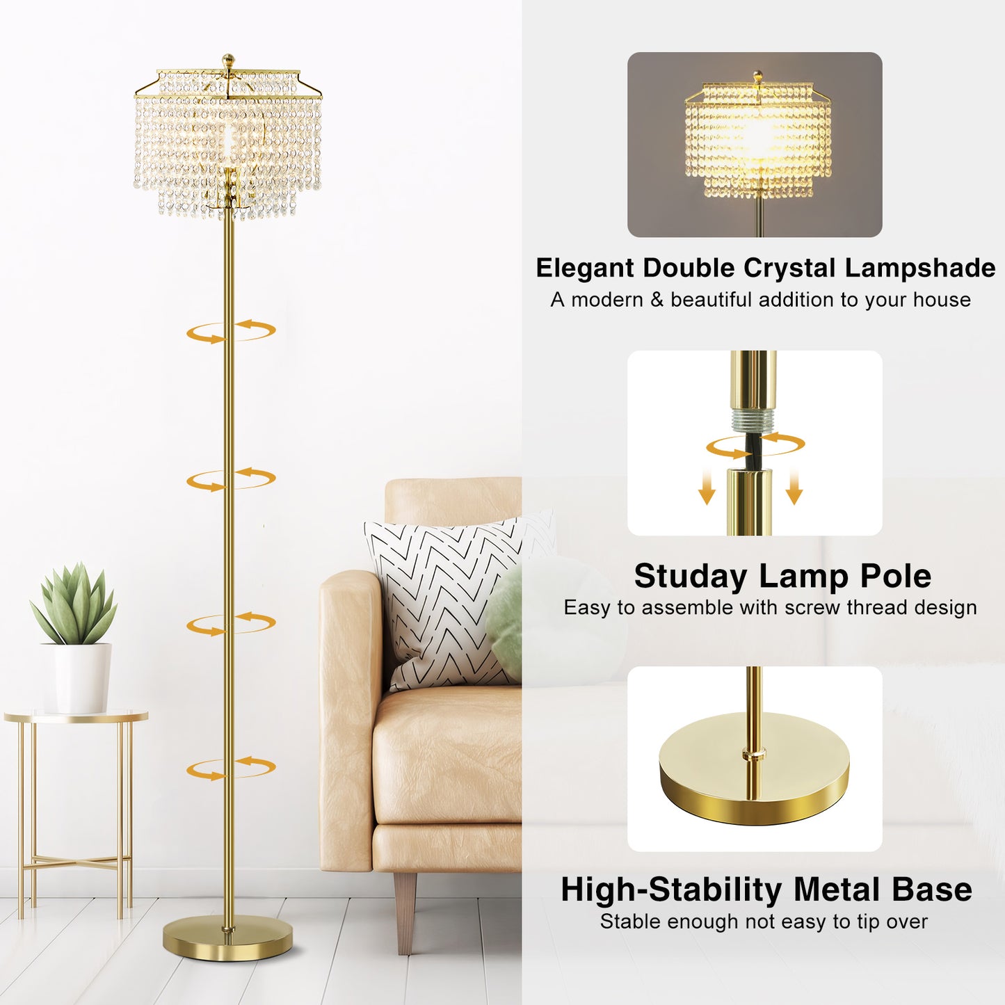 NATYSWAN Crystal Floor Lamp Gold, Modern Standing Lamps with Double-Layer Lampshade, on-off Foot Switch, Gold Finish Tall Pole Lamp for Living Room, Bedroom, Office, 8W Bulb Included