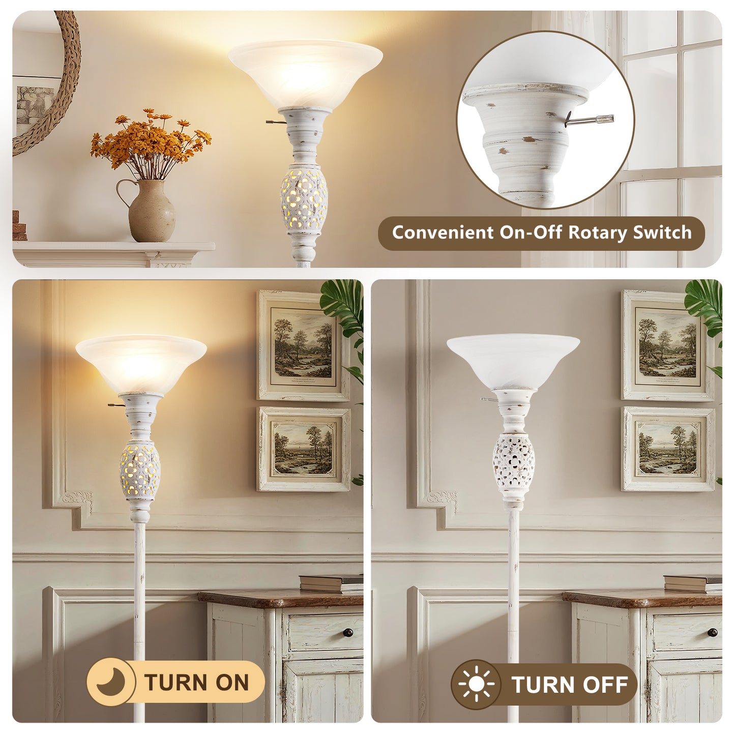 NATYSWAN 70" Torchiere Floor Lamp with NightLight - Victorian Style Standing Lamp for Living Room, Bedroom, Office - Retro Floor Lamps with Rotary Switch & Etched Glass Shade, Home Decor