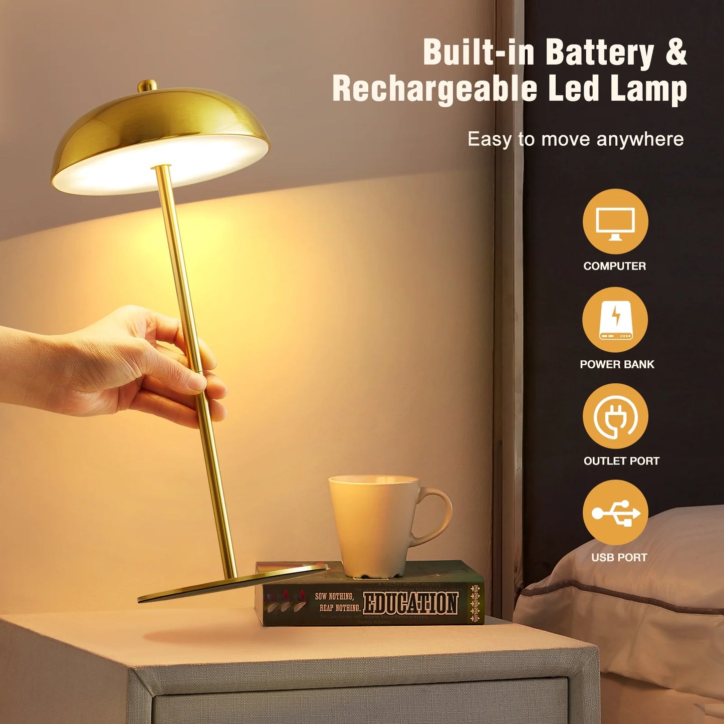 NATYSWAN 2 Pack Rechargeable Table Lamps Cordless Lamp,3 Way Dimmable Battery Operated Touch Lamp,Modern Gold Bedside Lamp for Dorm Home Bedroom Office