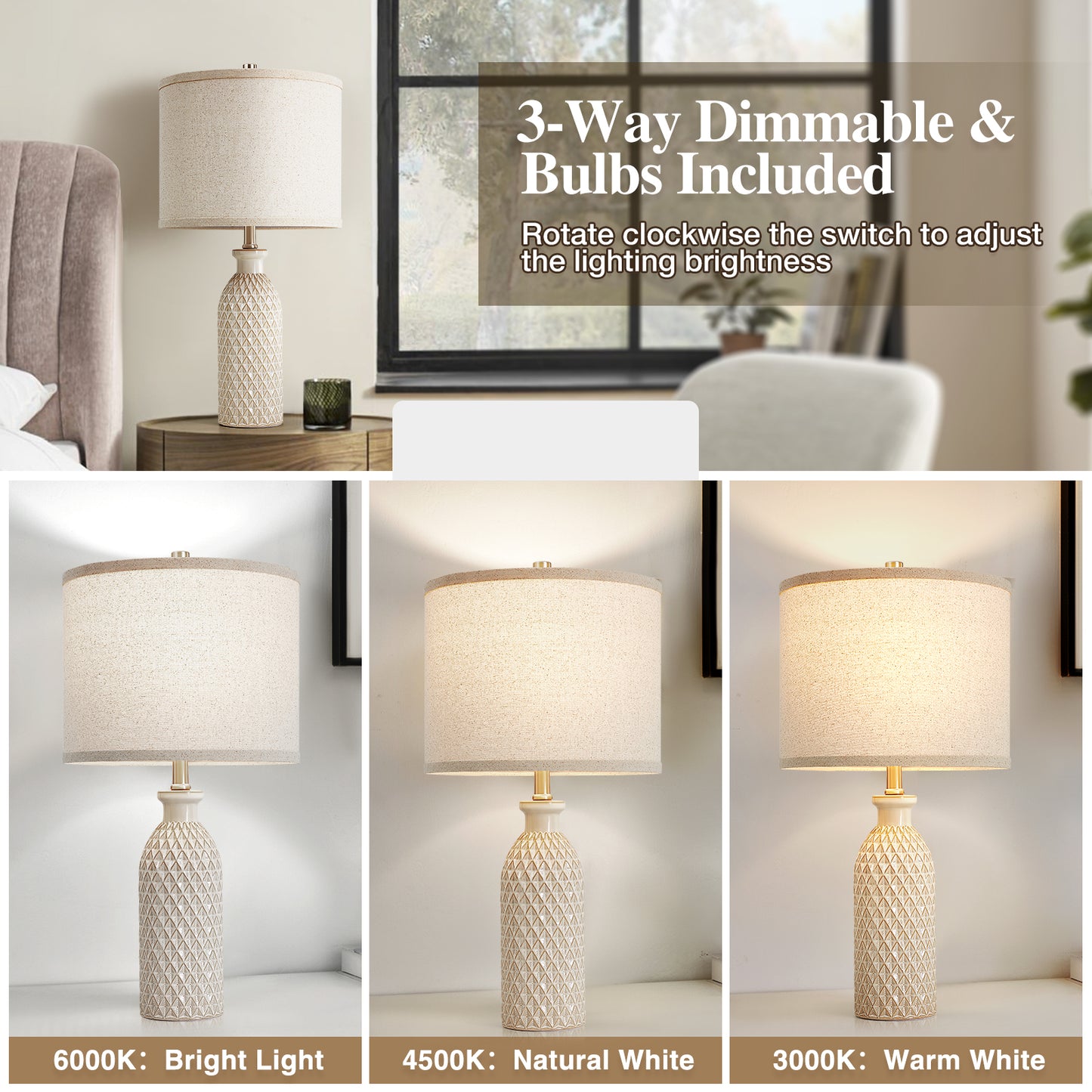 Ceramic Table Lamps Set of 2, 24.8" Bedside Lamps with 3-Color Temperature, Modern Nightstand Lamp Desk Reading Lamp with Fabric Drum Shade for Bedroom, Living Room, Office, 2 Bulbs Included