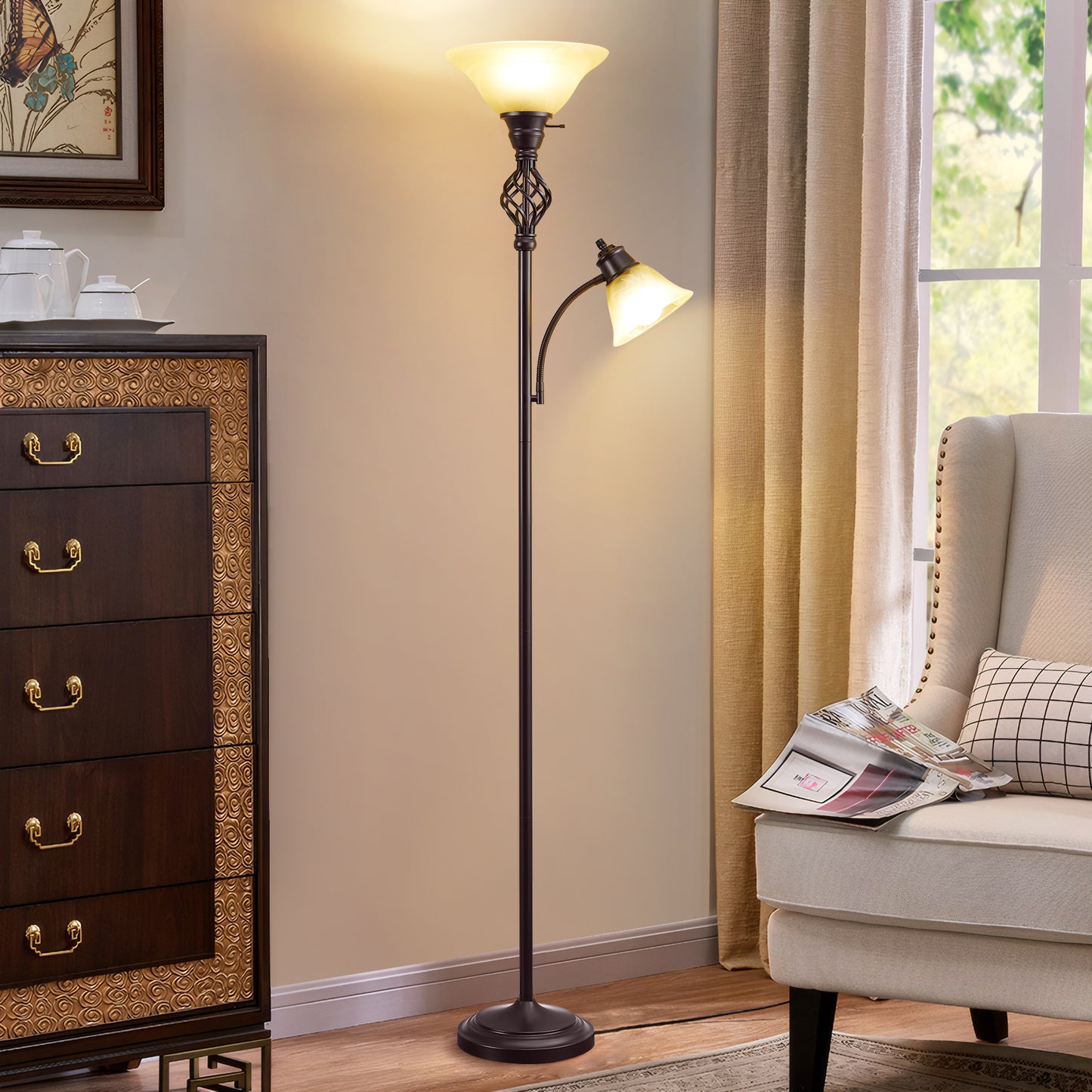 NATYSWAN Standing Lamp with Adjustable Side Reading Light, Floor Lamps for Living Room with Glass Shade 72-Inch Torchiere Tall Lamps Decor for Bedroom Living Room Den Office (Bulb Included)