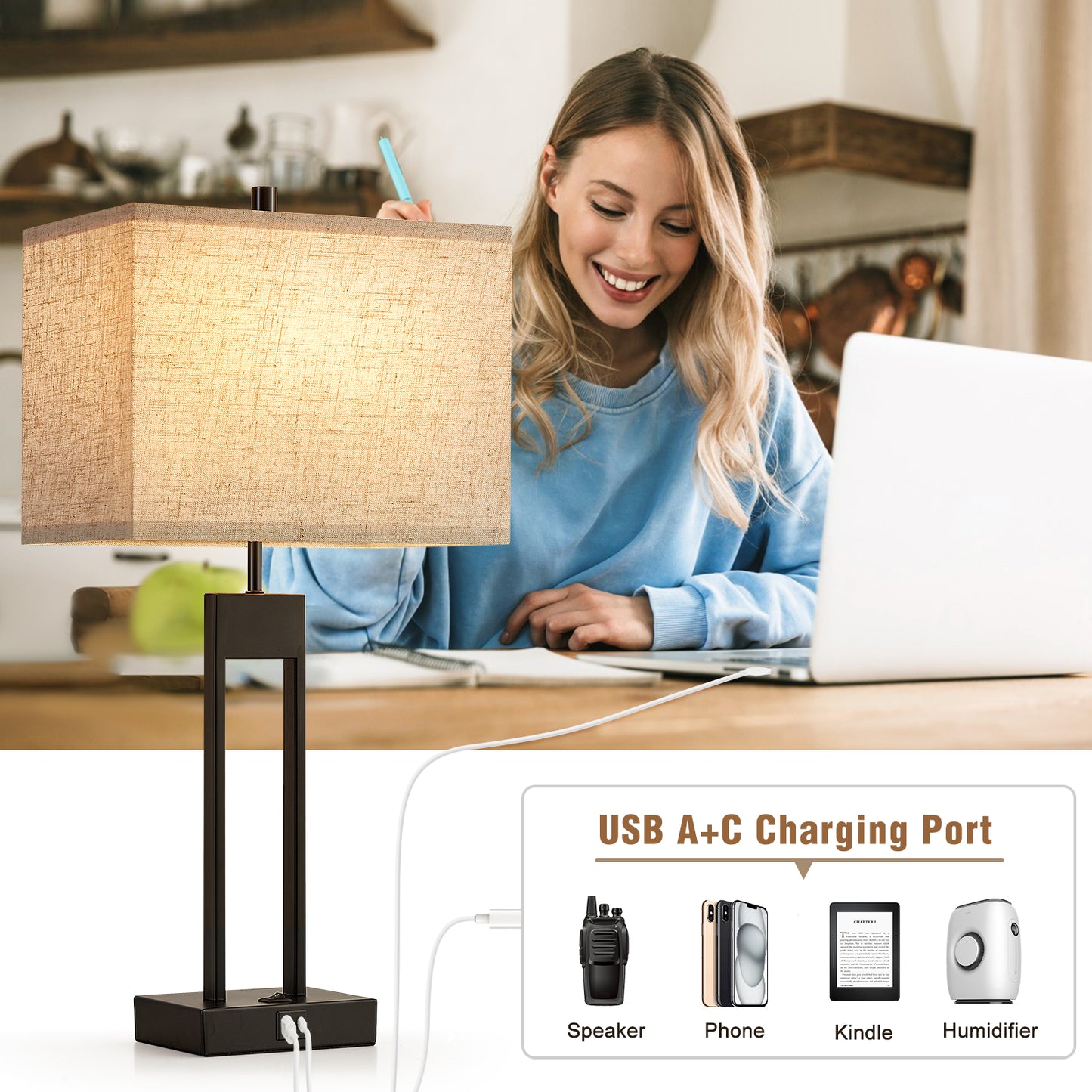 NATYSWAN Modern Table Lamps for Set of 2, USB A+C Charging, 3 Colors Changeable for End Tables, Night Stand Lamps for Bed Side Guest Room Office Reading