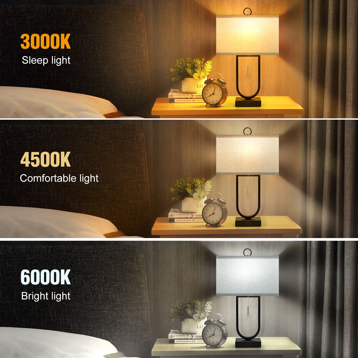 NATYSWAN 24'' Table Lamps Set of 2 with USB C+A Ports, 3-Way Dimmable Tall Modern Lamps for Night Stands, Contemporary Lamp for Living Room Home Office, Pull Chain Switch&2 LED Bulbs Included