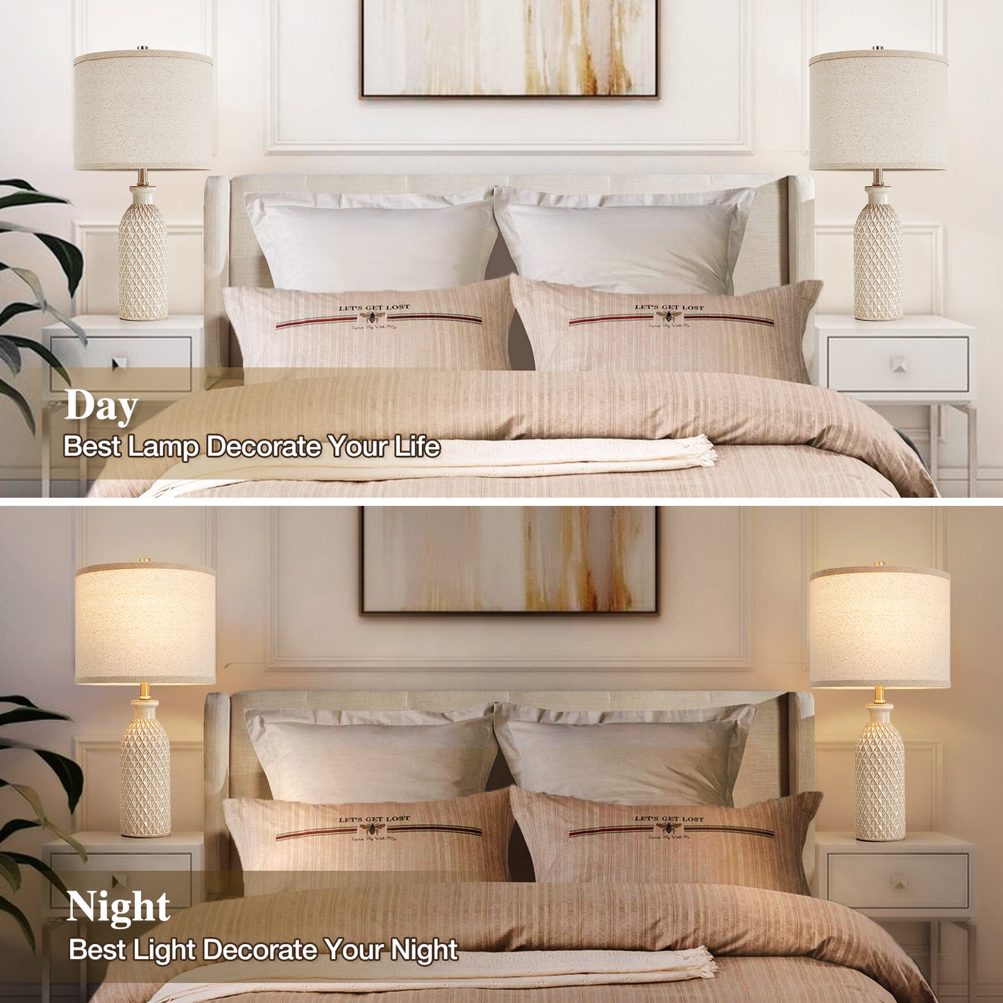 NATYSWAN Ceramic Table Lamps Set of 2, 24.8" Bedside Lamps with 3-Color Temperature, Modern Nightstand Lamp Desk Reading Lamp with Fabric Drum Shade for Bedroom, Living Room, Office, 2 Bulbs Included