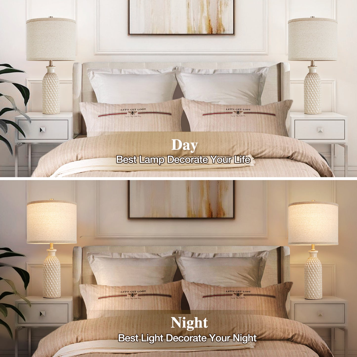 Ceramic Table Lamps Set of 2, 24.8" Bedside Lamps with 3-Color Temperature, Modern Nightstand Lamp Desk Reading Lamp with Fabric Drum Shade for Bedroom, Living Room, Office, 2 Bulbs Included