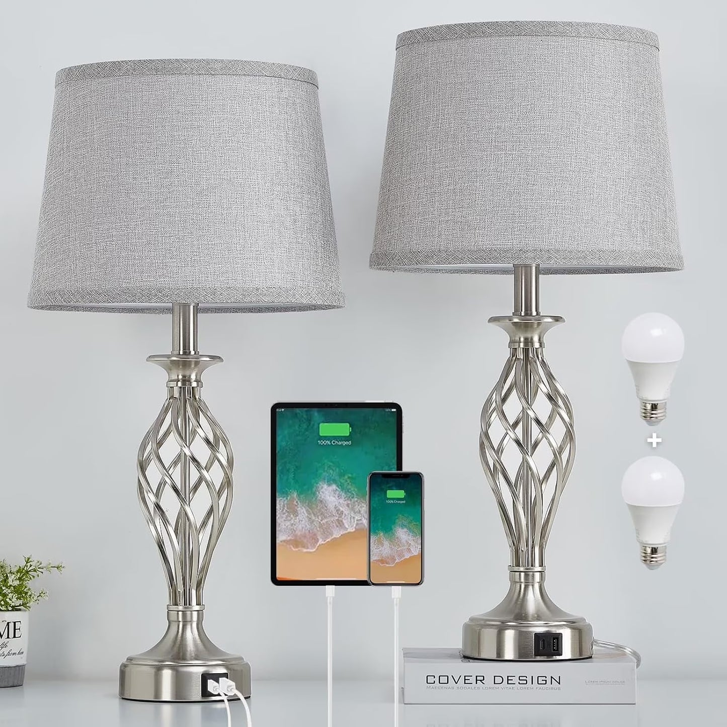 NATYSWAN Table Lamp for Bedrooms Set of 2, Silver Lamps for Night Stands,Bedside Desk Lamp with USB Ports for Bedroom Living Room Reading