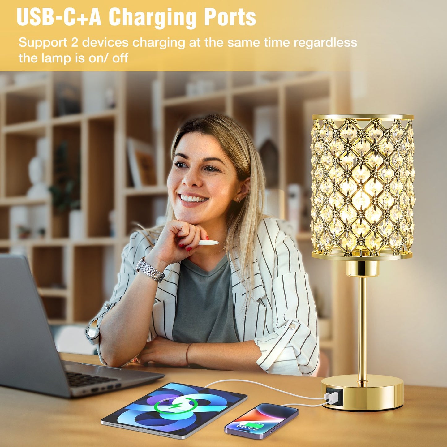 NATYSWAN Crystal Table Lamp for Bedroom,3 Way Dimmable Touch Lamp with Crystal Shade,Bedside Nightstand Small Lamp for Living Room Home Office (Bulb Included)