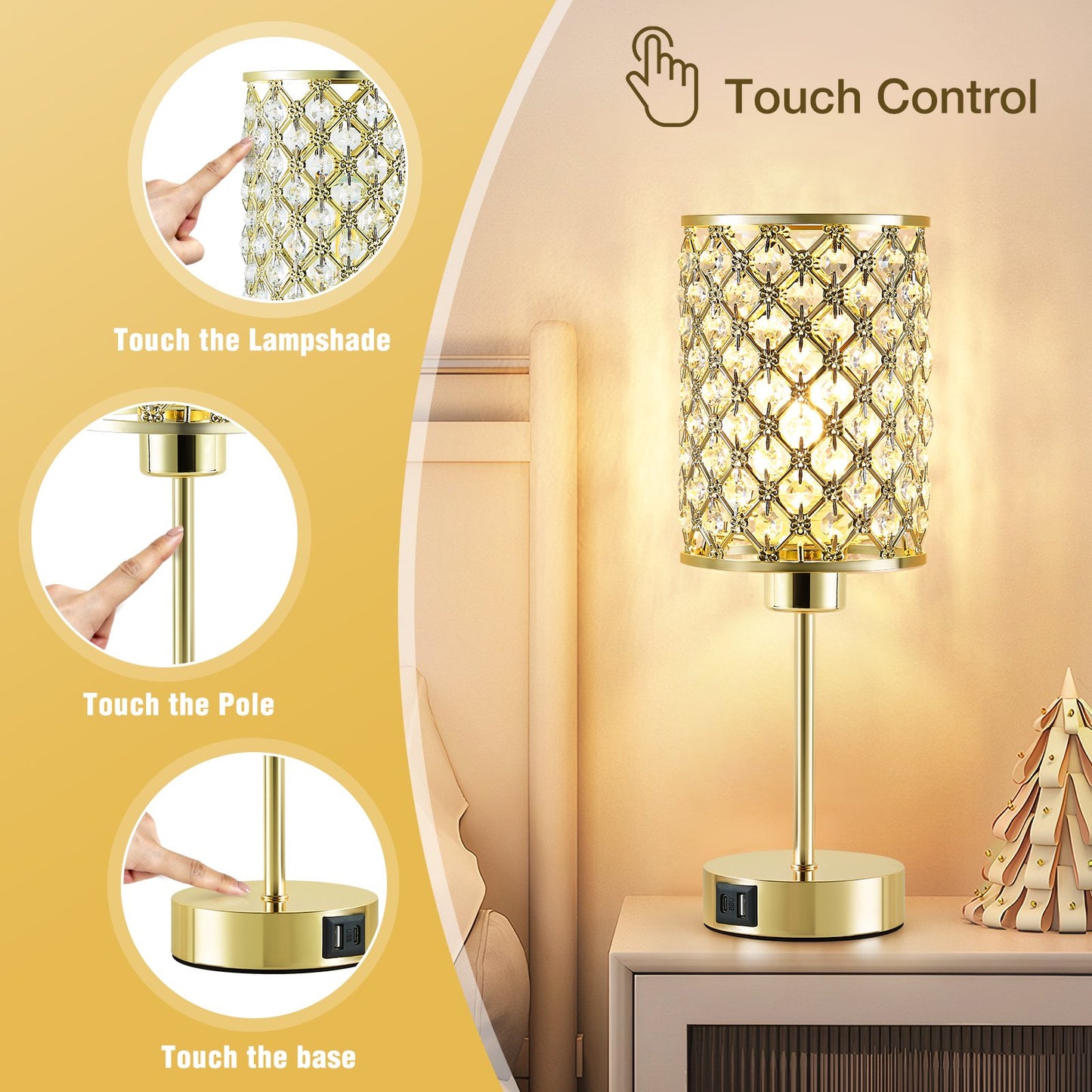 NATYSWAN Crystal Table Lamp for Bedroom,3 Way Dimmable Touch Lamp with Crystal Shade,Bedside Nightstand Small Lamp for Living Room Home Office (Bulb Included)