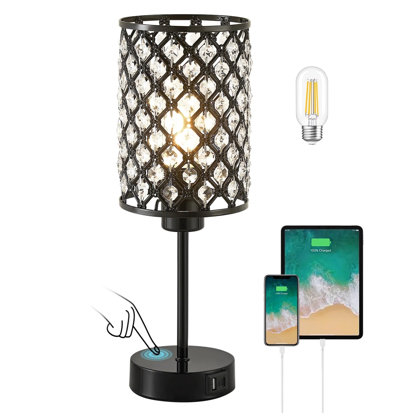 NATYSWAN Crystal Table Lamp for Bedroom,3 Way Dimmable Touch Lamp with Crystal Shade,Bedside Nightstand Small Lamp for Living Room Home Office (Bulb Included)
