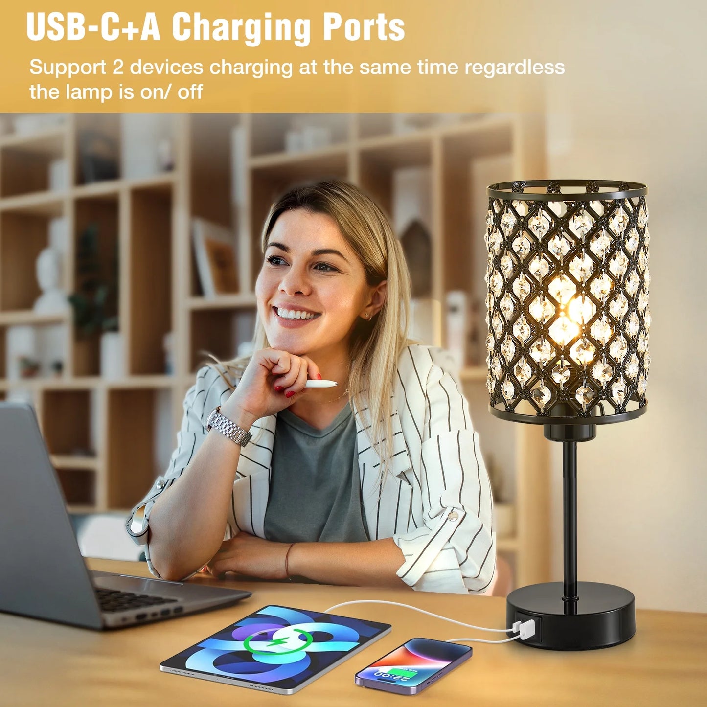 NATYSWAN Crystal Table Lamp for Bedroom,3 Way Dimmable Touch Lamp with Crystal Shade,Bedside Nightstand Small Lamp for Living Room Home Office (Bulb Included)