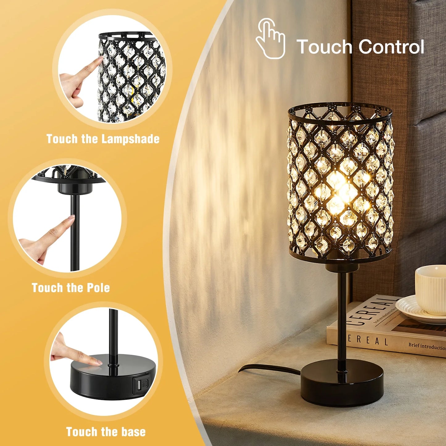 NATYSWAN Crystal Table Lamp for Bedroom,3 Way Dimmable Touch Lamp with Crystal Shade,Bedside Nightstand Small Lamp for Living Room Home Office (Bulb Included)