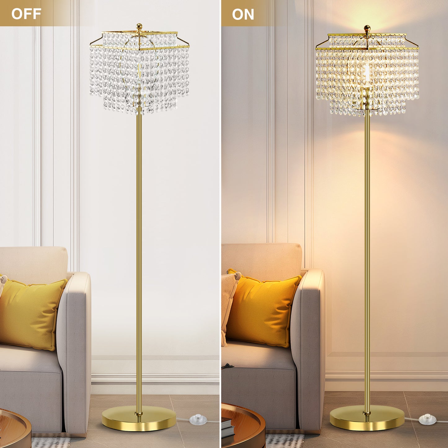 NATYSWAN Crystal Floor Lamp Gold, Modern Standing Lamps with Double-Layer Lampshade, on-off Foot Switch, Gold Finish Tall Pole Lamp for Living Room, Bedroom, Office, 8W Bulb Included