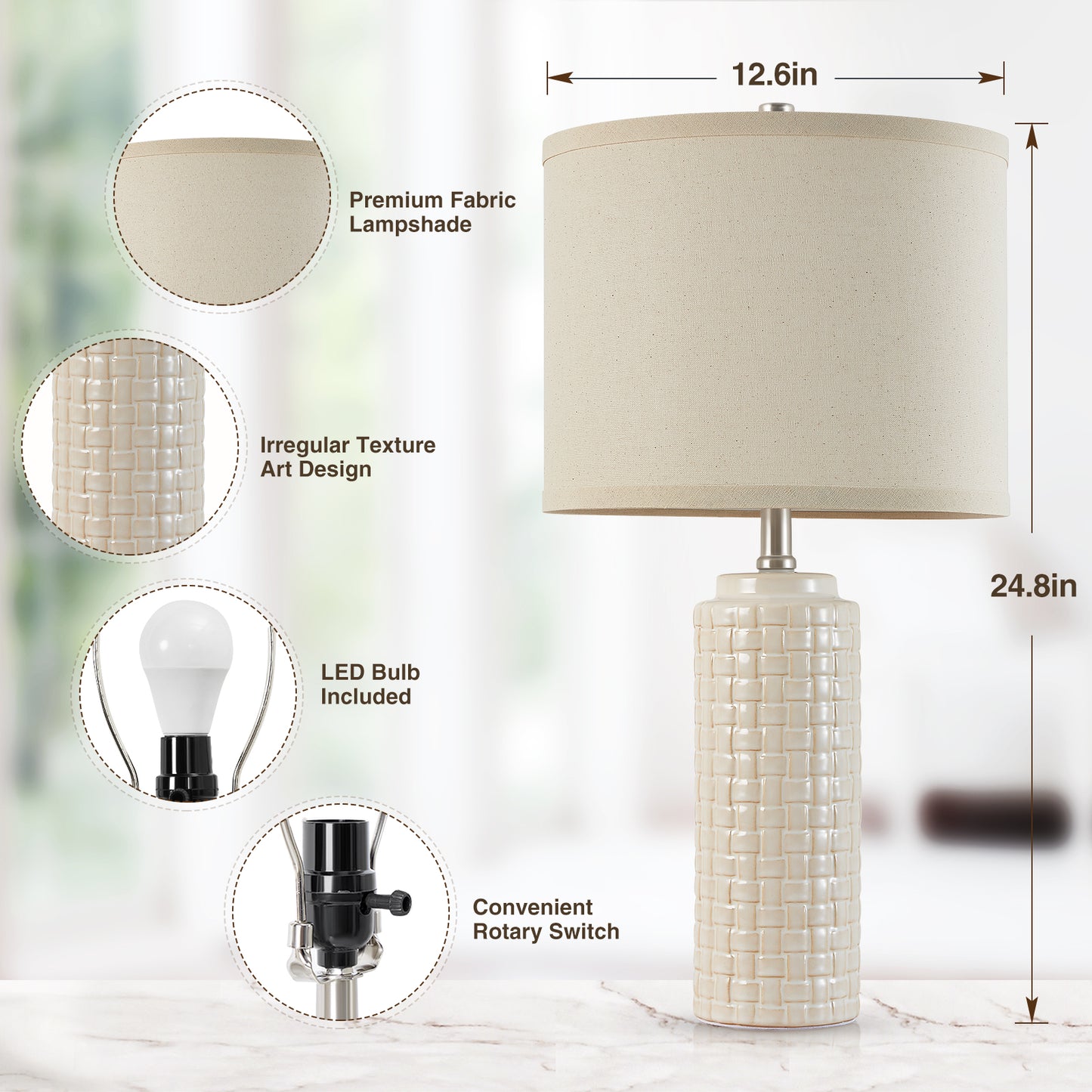 NATYSWAN 24.8" Modern Ceramic Bedside Lamp Set of 2, 3 Color Temperature Bulbs Included - Farmhouse Nightstand Lamps for Living Room Bedroom End Table Office Entryway, Off-White