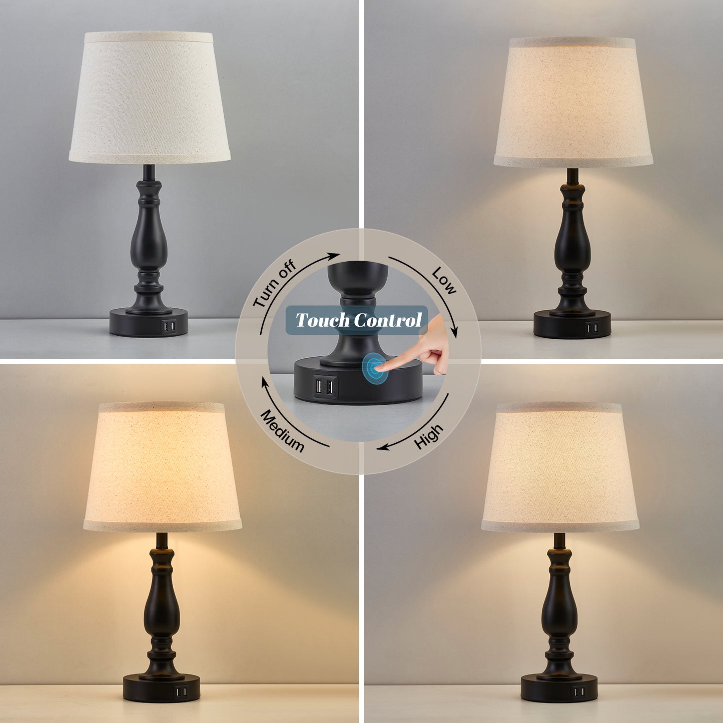 NATYSWAN Table Lamps Set of 2, Lamps for Bedroom with USB Charging Ports, 3 Way Dimmable Touch with Linen Fabric Lampshade, Modern Small Lamp for Nightstand, Living Room (Bulbs Included)