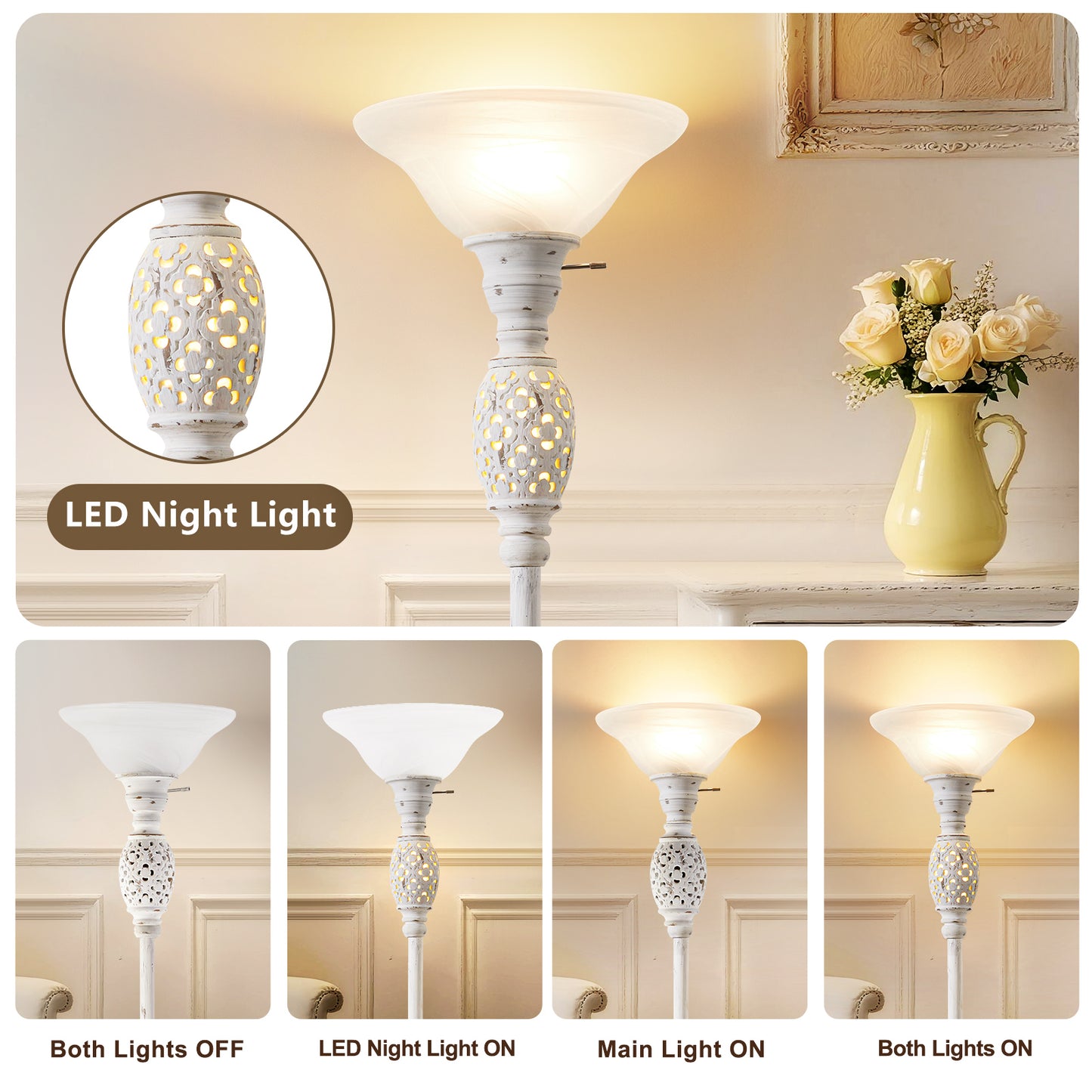 NATYSWAN 70" Torchiere Floor Lamp with NightLight - Victorian Style Standing Lamp for Living Room, Bedroom, Office - Retro Floor Lamps with Rotary Switch & Etched Glass Shade, Home Decor