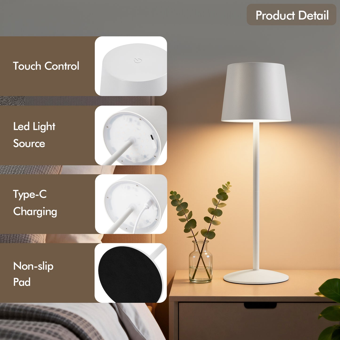 NATYSWAN Modern  LED Desk Lamps 2-Pack, Adjustable Height, Touch Dimmable, Rechargeable 4000mAh Battery, USB-C Charging, Metal Accent Light for Bedroom, Nursery, Home Office, Party Decor