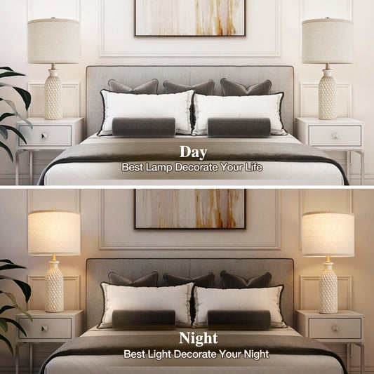 NATYSWAN Ceramic Table Lamps Set of 2, 24.8" Bedside Lamps with 3-Color Temperature, Modern Nightstand Lamp Desk Reading Lamp with Fabric Drum Shade for Bedroom, Living Room, Office, 2 Bulbs Included