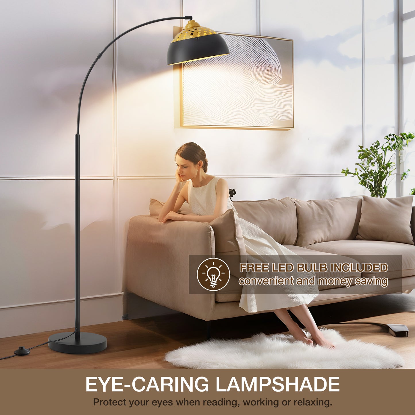 NATYSWAN 71" Arc Floor Lamps for Living Room, Modern Standing Lamp with Adjustable Hanging Metal Hollow Shade, Tall Pole Lamp with Foot Switch, Over Couch Arched Reading Light for Bedroom, Office