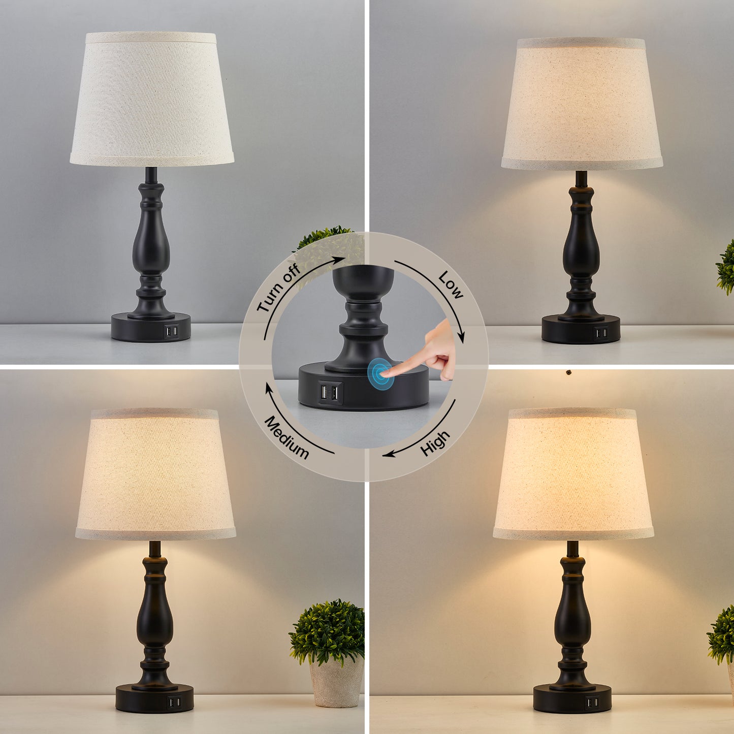 NATYSWAN Table Lamps Set of 2, Lamps for Bedroom with USB Charging Ports, 3 Way Dimmable Touch with Linen Fabric Lampshade, Modern Small Lamp for Nightstand, Living Room (Bulbs Included)