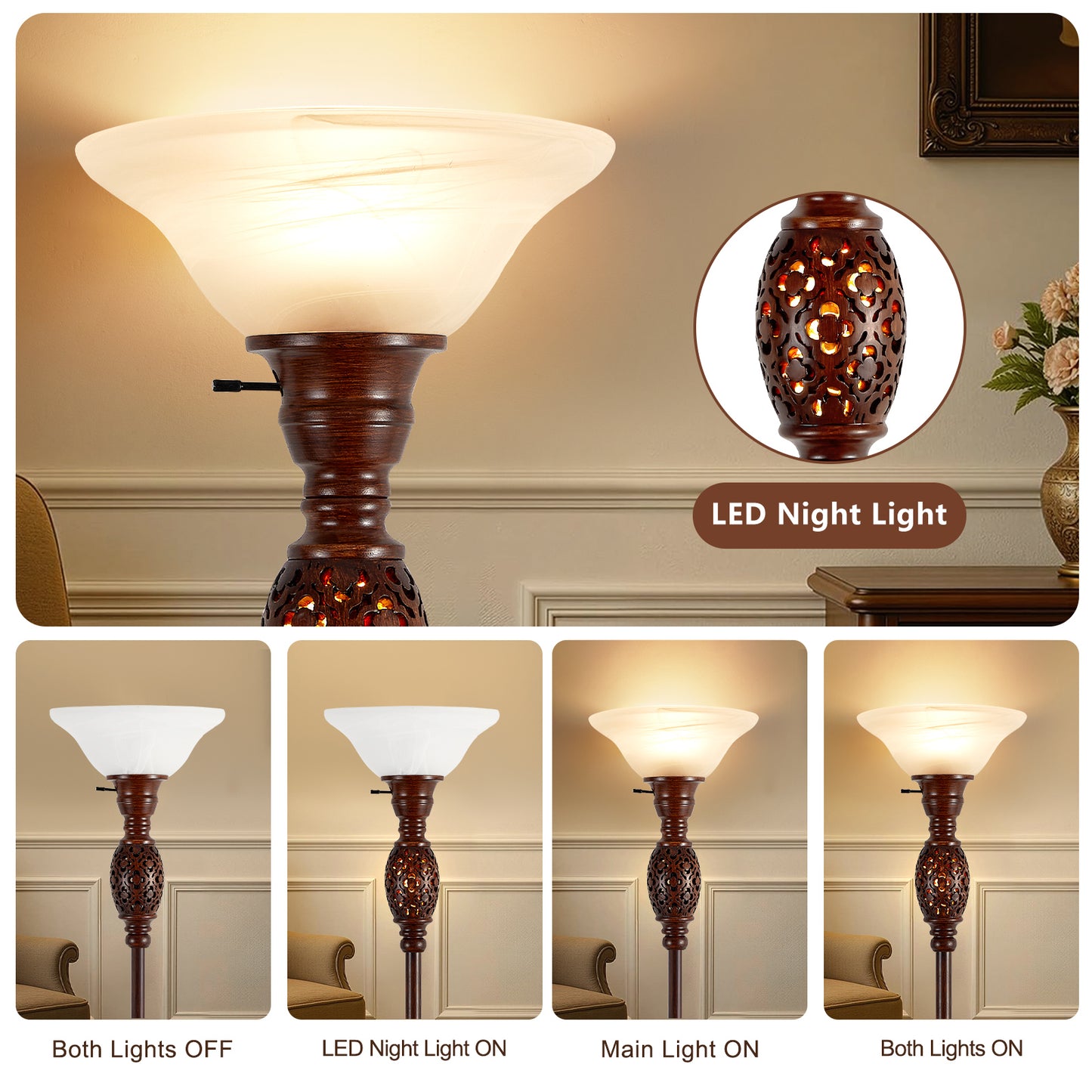 NATYSWAN 70" Torchiere Floor Lamp with NightLight - Victorian Style Standing Lamp for Living Room, Bedroom, Office - Retro Floor Lamps with Rotary Switch & Etched Glass Shade, Home Decor