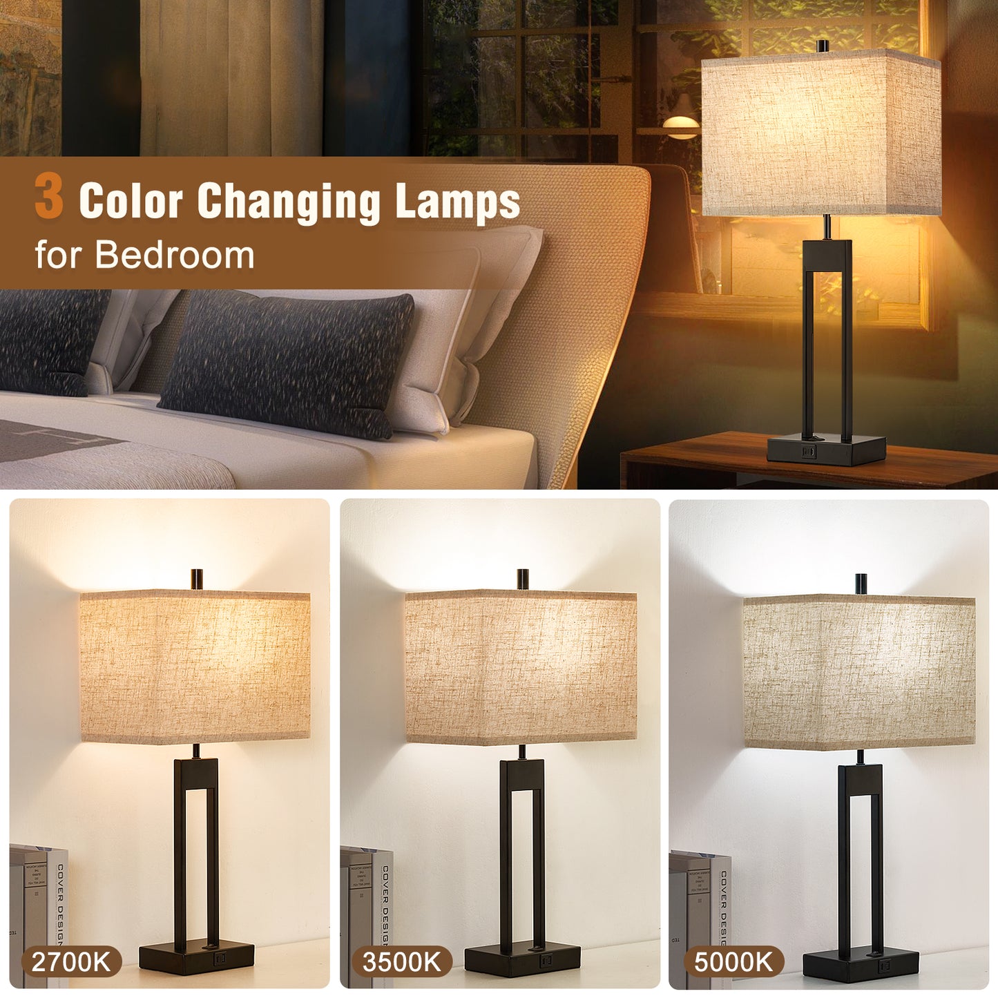 NATYSWAN Modern Table Lamps for Set of 2, USB A+C Charging, 3 Colors Changeable for End Tables, Night Stand Lamps for Bed Side Guest Room Office Reading