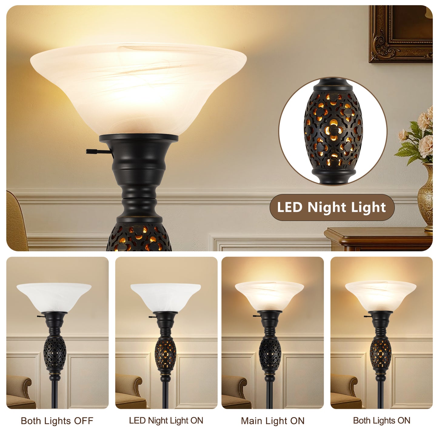 NATYSWAN 70" Torchiere Floor Lamp with NightLight - Victorian Style Standing Lamp for Living Room, Bedroom, Office - Retro Floor Lamps with Rotary Switch & Etched Glass Shade, Home Decor