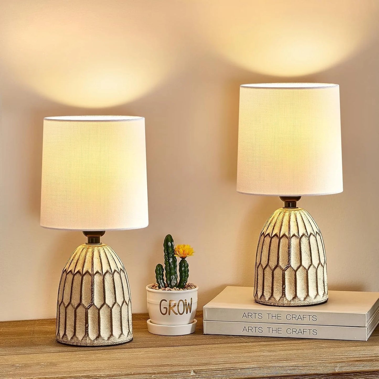 NATYSWAN Table Lamps Set of 2-13.5" Small Boho Lamp - Bedside Lamps - Farmhouse Rustic Ceramic Table Lamp for Bedroom, Living Room, Nightstand, Office, Side Desk Lamp