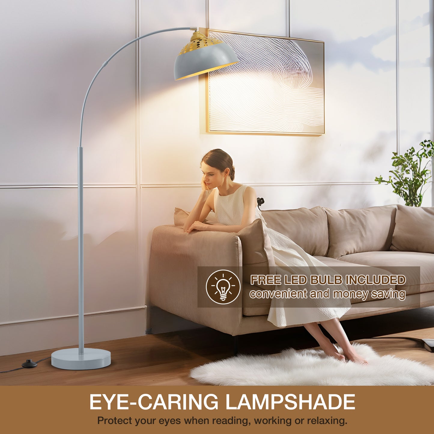 NATYSWAN 71" Arc Floor Lamps for Living Room, Modern Standing Lamp with Adjustable Hanging Metal Hollow Shade, Tall Pole Lamp with Foot Switch, Over Couch Arched Reading Light for Bedroom, Office