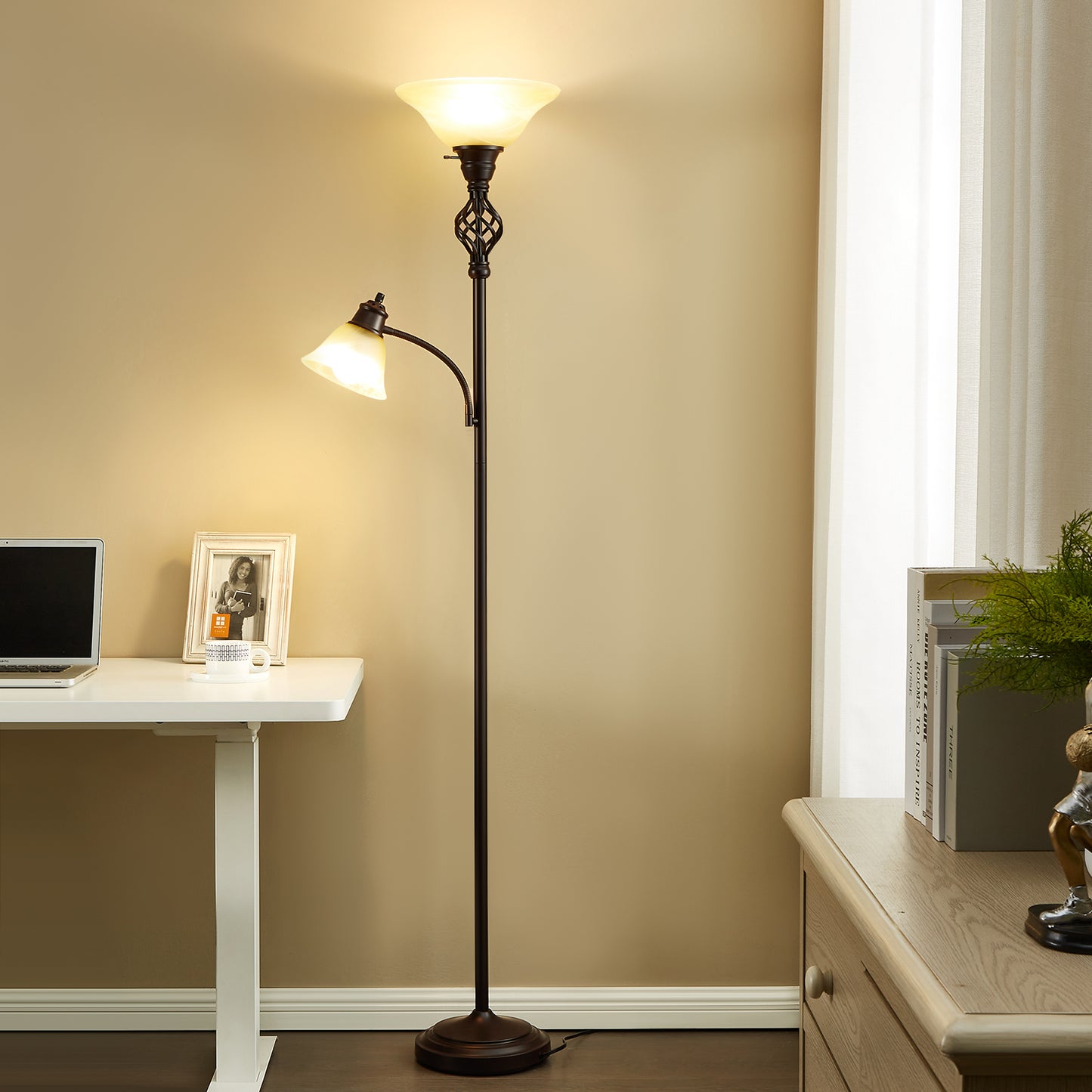 NATYSWAN Standing Lamp with Adjustable Side Reading Light, Floor Lamps for Living Room with Glass Shade 72-Inch Torchiere Tall Lamps Decor for Bedroom Living Room Den Office (Bulb Included)