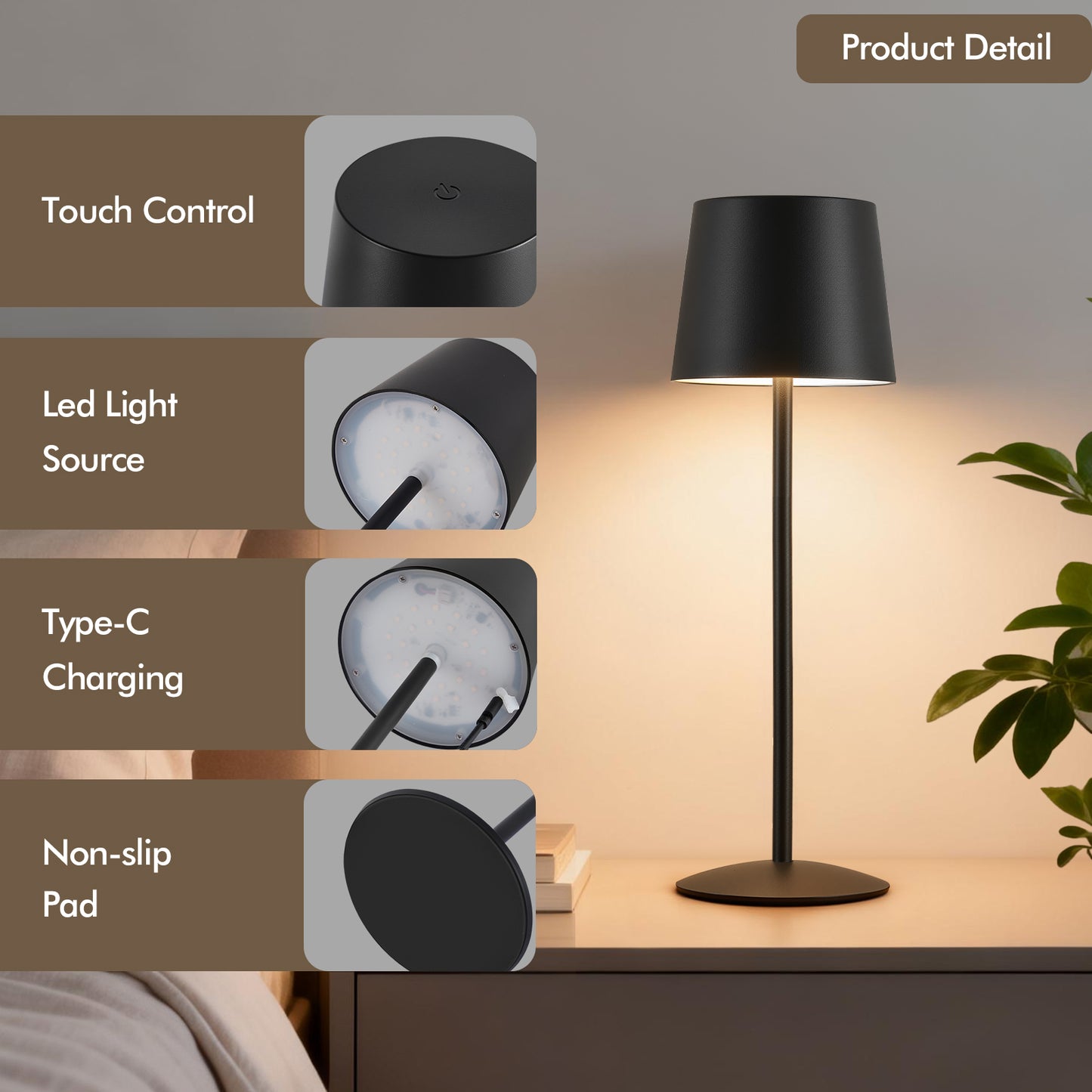 NATYSWAN Modern  LED Desk Lamps 2-Pack, Adjustable Height, Touch Dimmable, Rechargeable 4000mAh Battery, USB-C Charging, Metal Accent Light for Bedroom, Nursery, Home Office, Party Decor