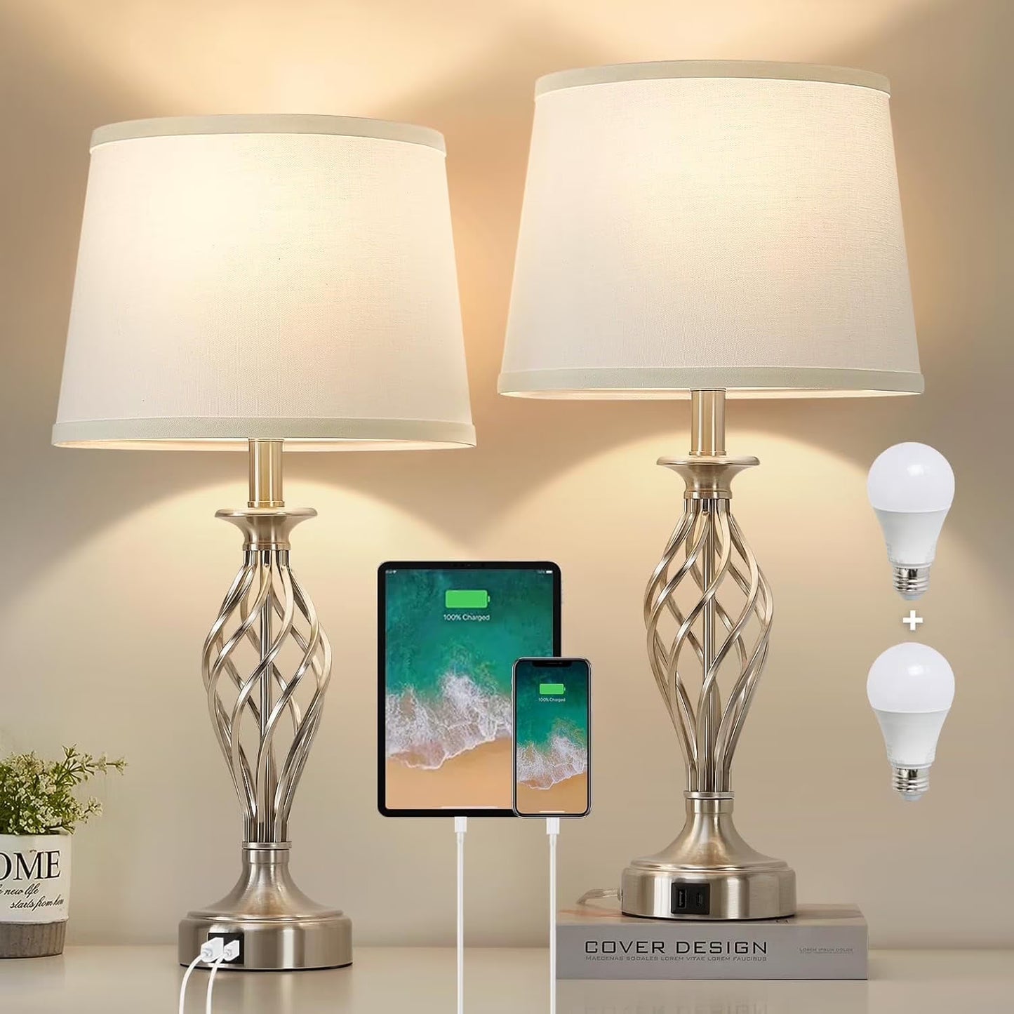 NATYSWAN Table Lamp for Bedrooms Set of 2, Silver Lamps for Night Stands,Bedside Desk Lamp with USB Ports for Bedroom Living Room Reading