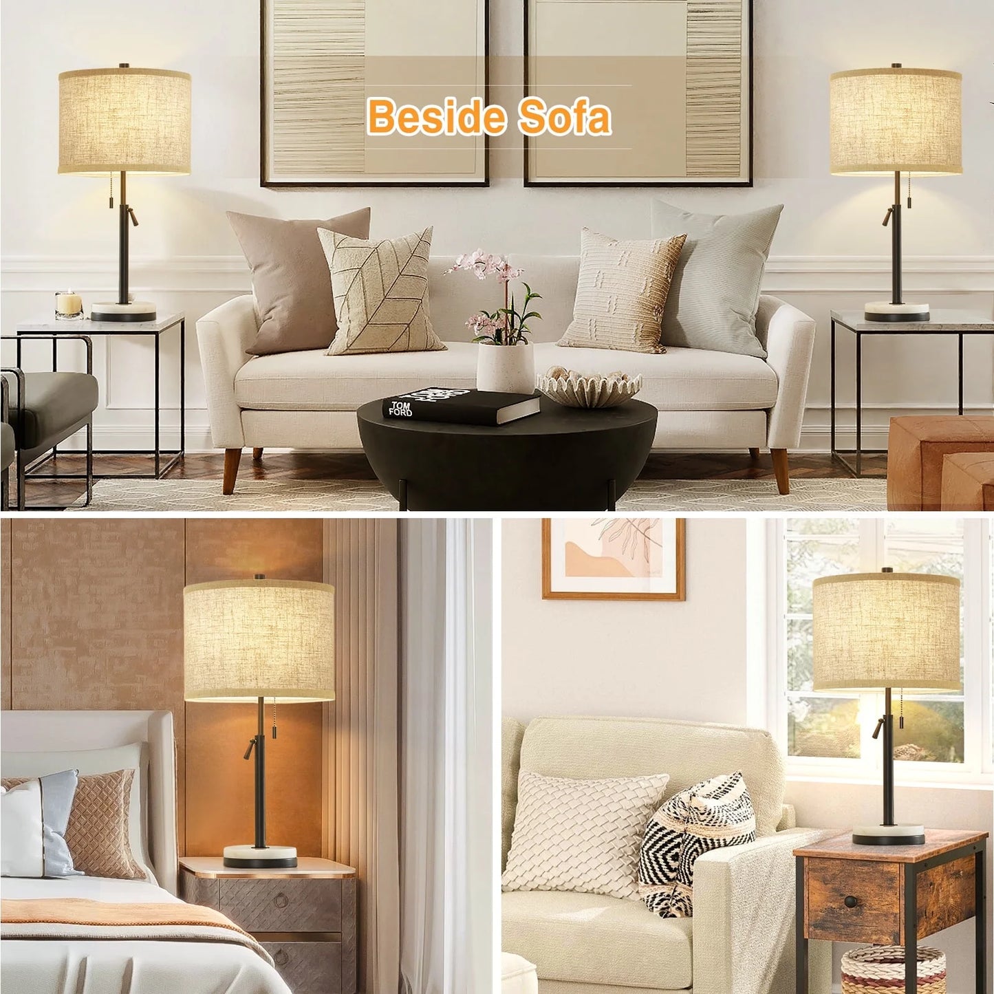 NATYSWAN Modern Table Lamp for Living Room, Adjustable Height Lamp with Marble Base and Pull Chain Switch Nightstand Lamps for Bedroom & Office,Set of 2