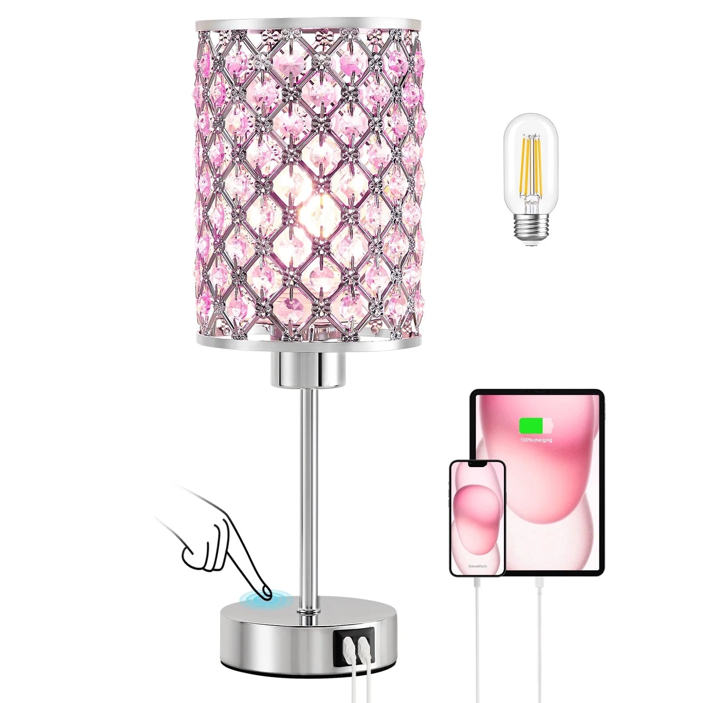 NATYSWAN Crystal Table Lamp for Bedroom,3 Way Dimmable Touch Lamp with Crystal Shade,Bedside Nightstand Small Lamp for Living Room Home Office (Bulb Included)