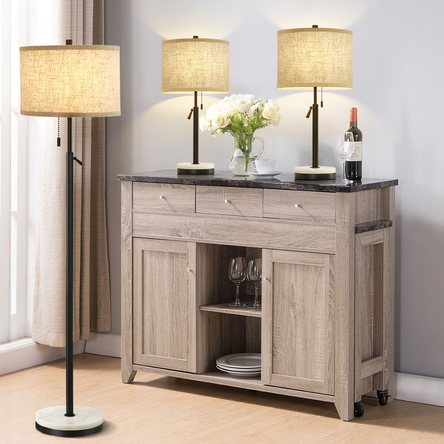 NATYSWAN Modern Floor Lamp for Living Room, Adjustable Height Standing Lamp with Marble Base Tall Lamp with Pull Chain Switch Floor Lamps for Living Room, Bedroom & Office Bulbs Not Included