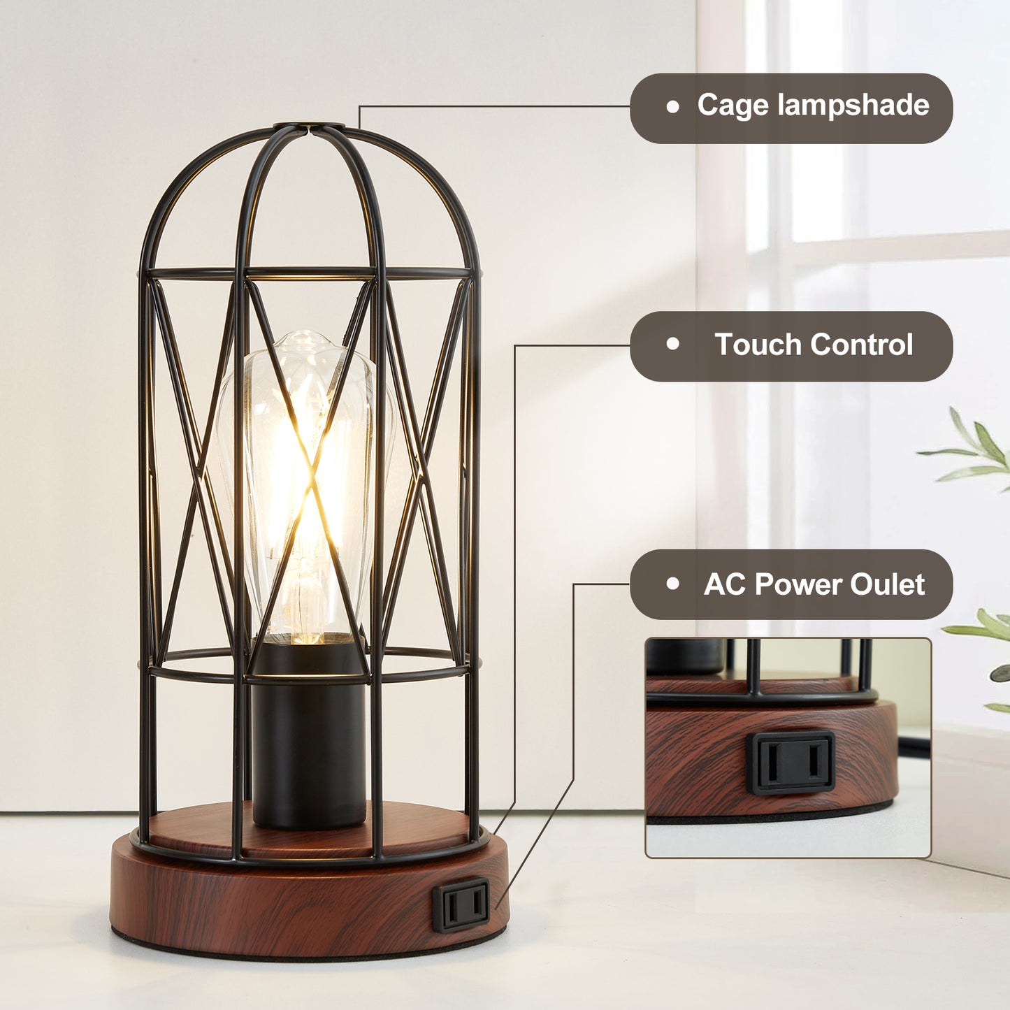 Natyswan Industrial Table Lamp Set of 2, Small Touch Control Edison Desk Lamp 3 Way Dimmable Vintage Bedside Lamp Metal Cage Steampunk for Living Room,Bedroom or Den