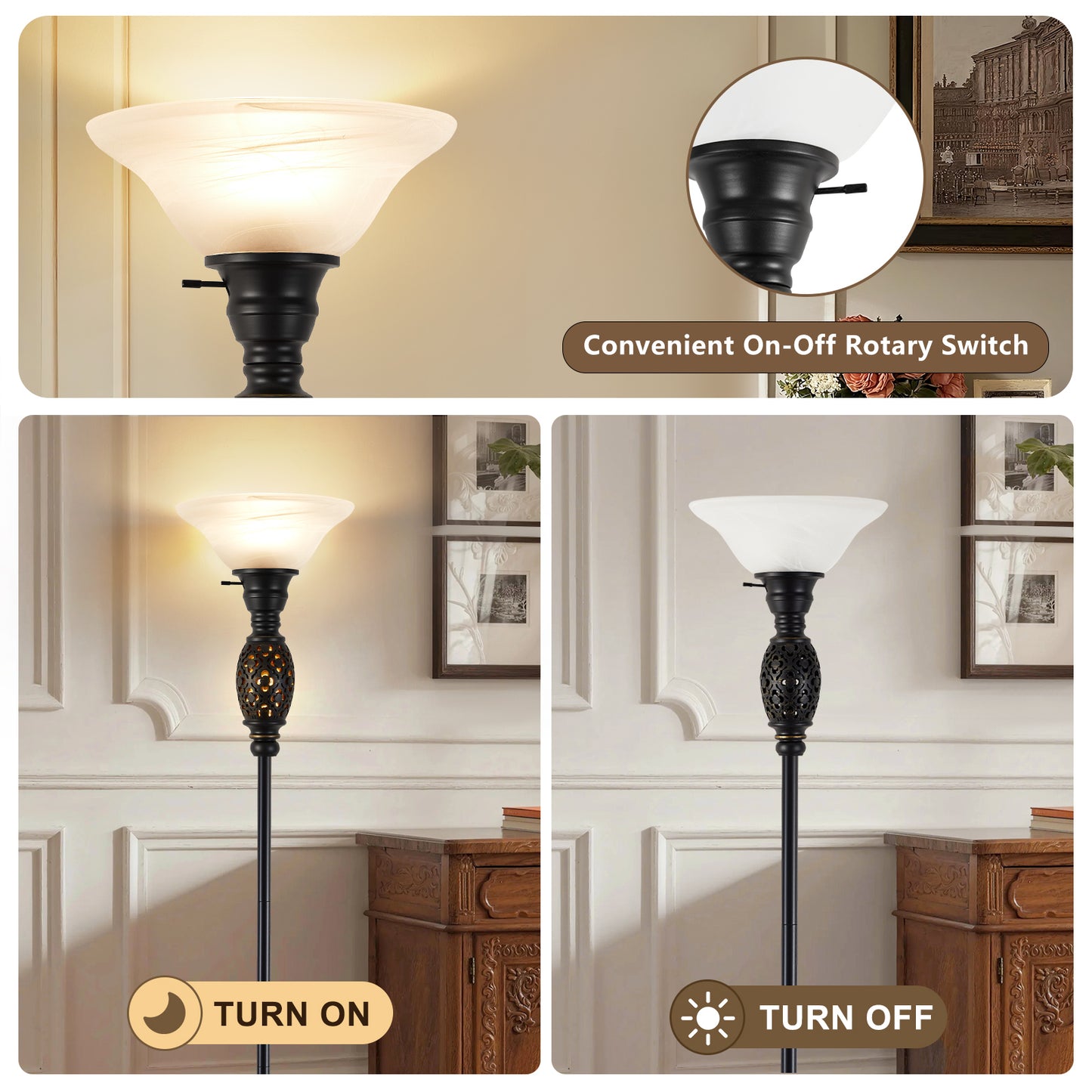 NATYSWAN 70" Torchiere Floor Lamp with NightLight - Victorian Style Standing Lamp for Living Room, Bedroom, Office - Retro Floor Lamps with Rotary Switch & Etched Glass Shade, Home Decor